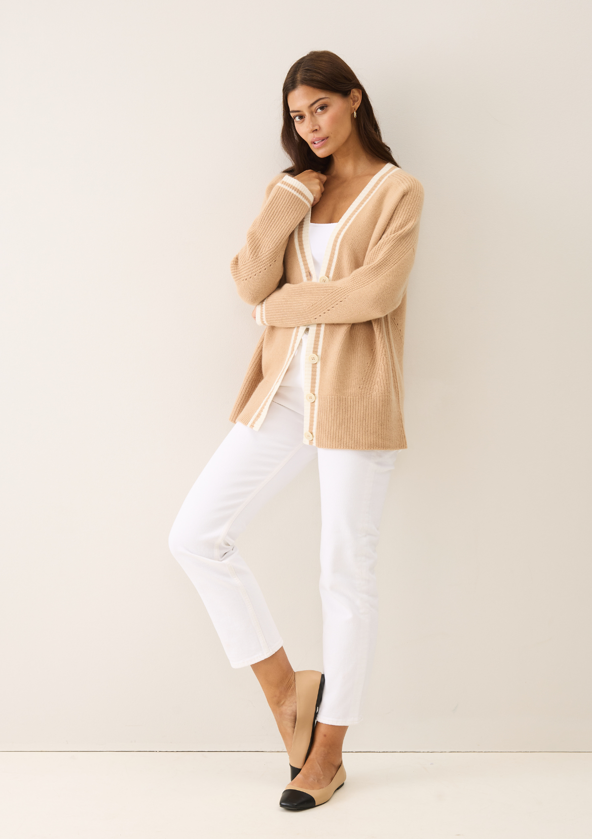 Striped Tipped V Neck Lofty Cardigan in Honey