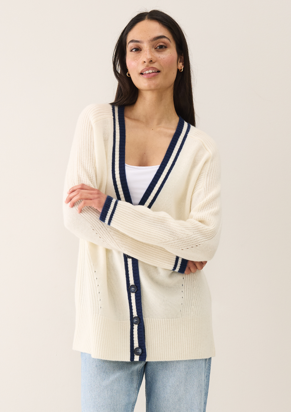 Striped Tipped V Neck Lofty Cardigan in Snow White