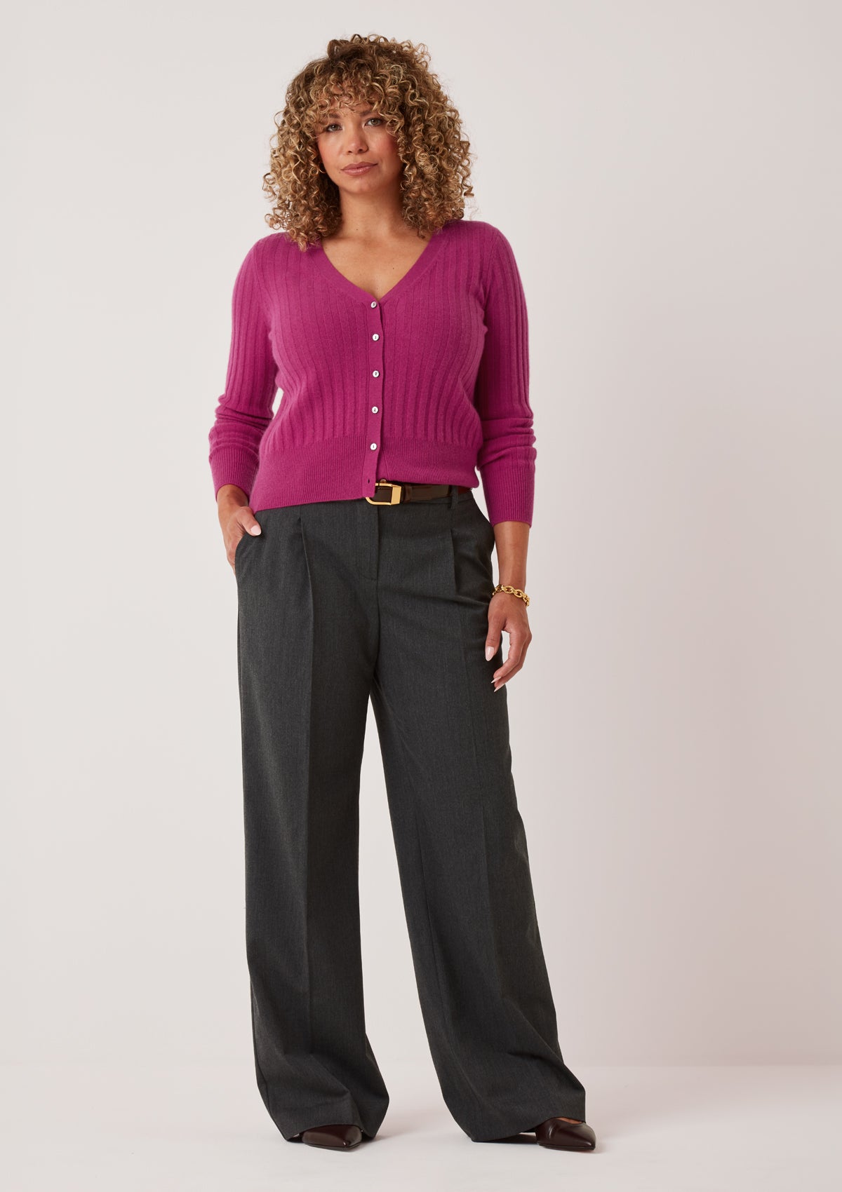 Cashmere Wide Rib Cardigan in Morello Pink