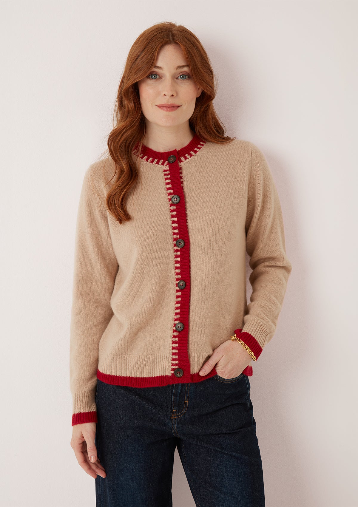 Cashmere Blanket Stitch Cardigan in Chanterelle