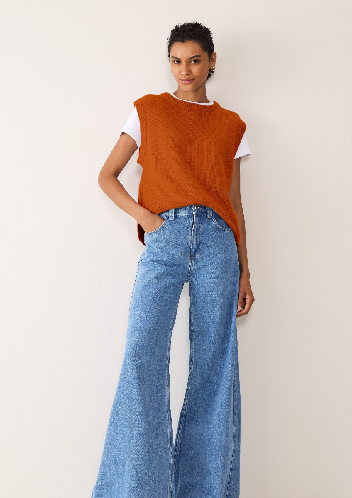 Ribbed Detail Lofty Cashmere Tank in Marmalade Orange