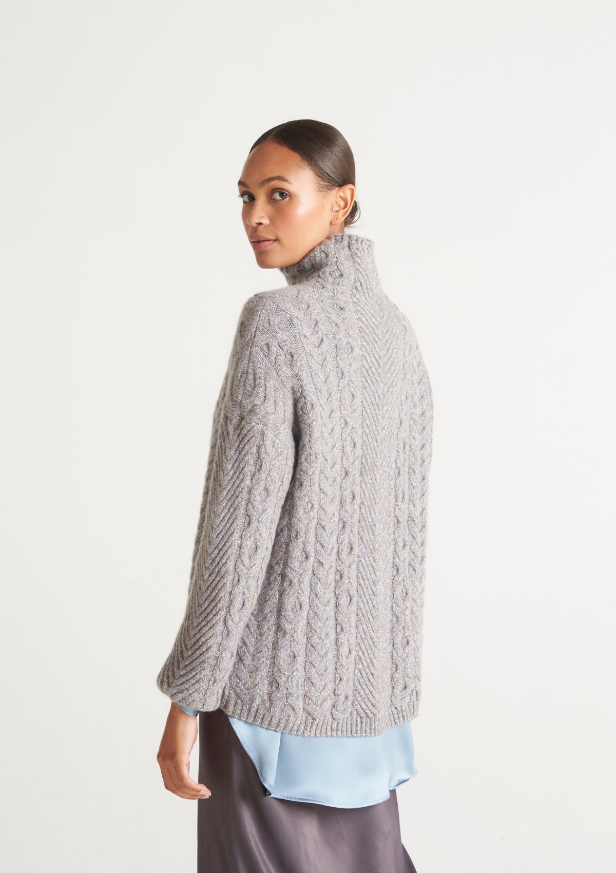 High Neck Cable Sweater in Smoky Blue