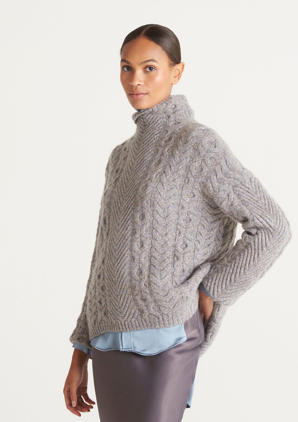 High Neck Cable Sweater in Smoky Blue