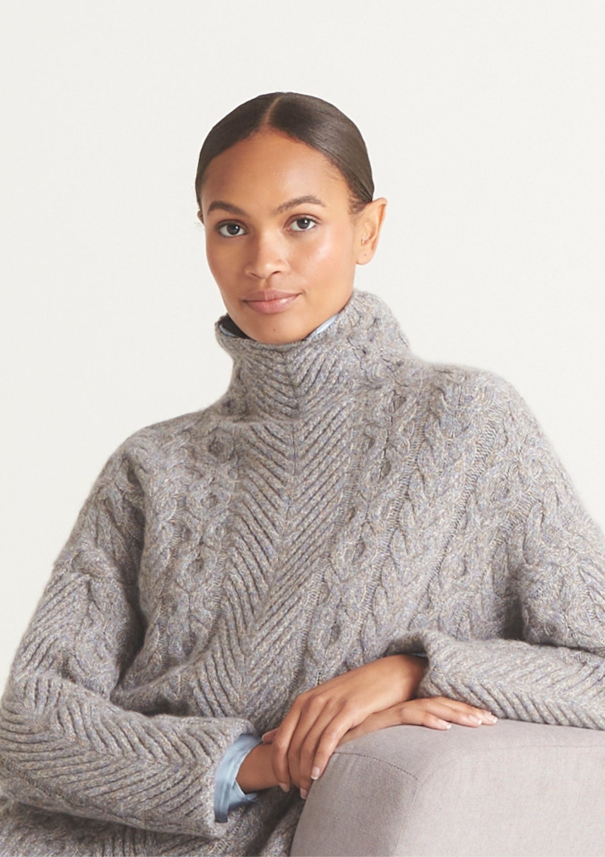 High Neck Cable Sweater in Smoky Blue