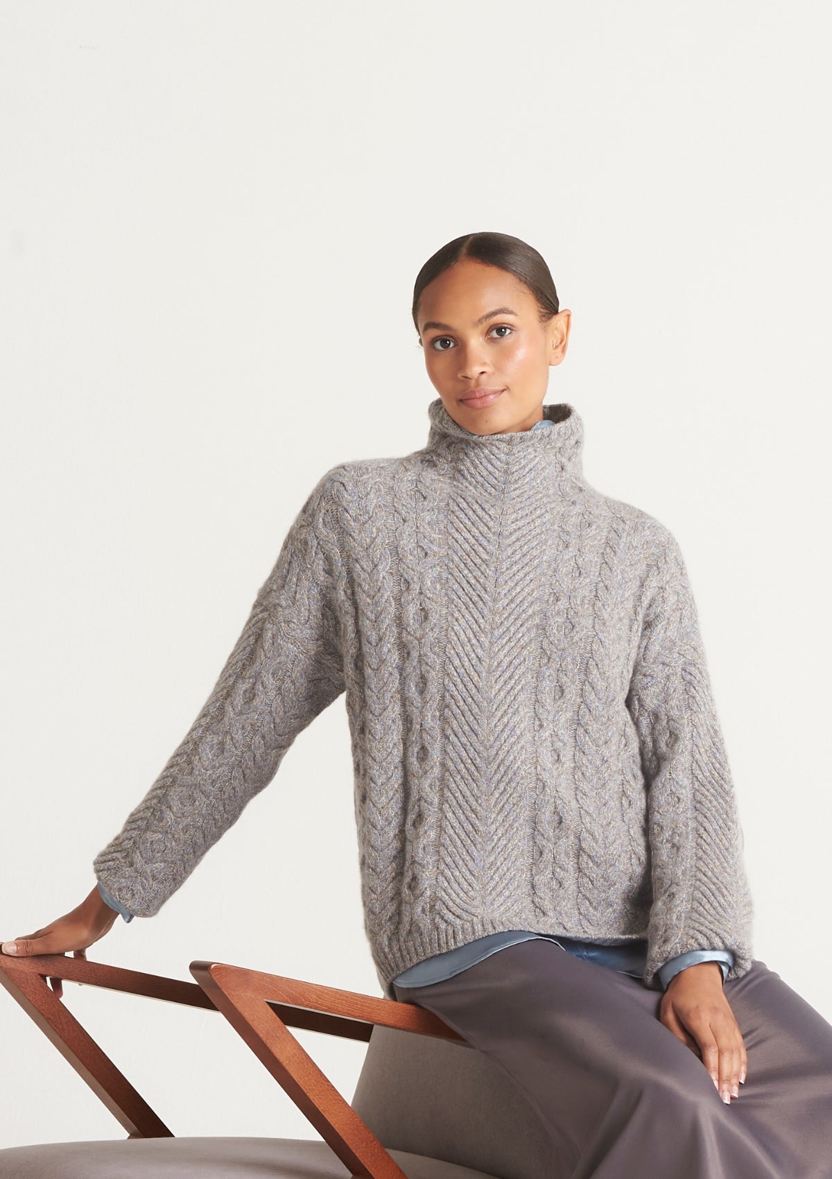High Neck Cable Sweater in Smoky Blue
