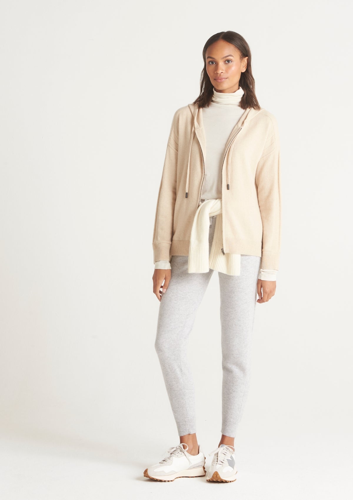 Cashmere Zip Through Hoodie in Natural Beige