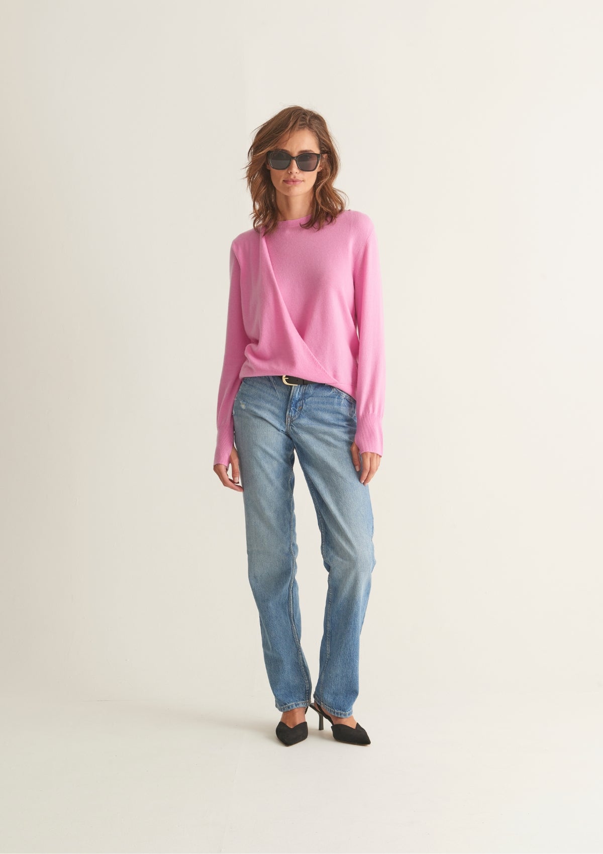 Ruched Cashmere Sweatshirt in Peony Pink