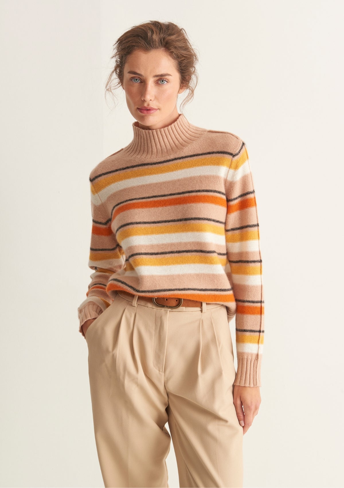 Cropped Polo Neck Sweater in Neutral Stripe