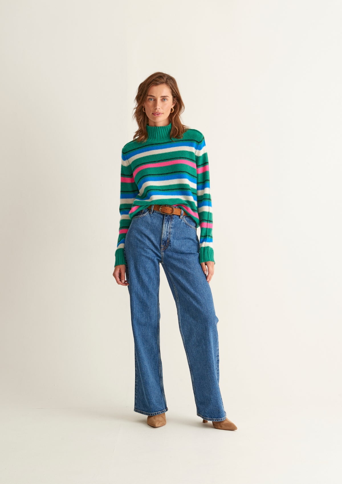 Cropped Polo Neck Sweater in Green Stripe
