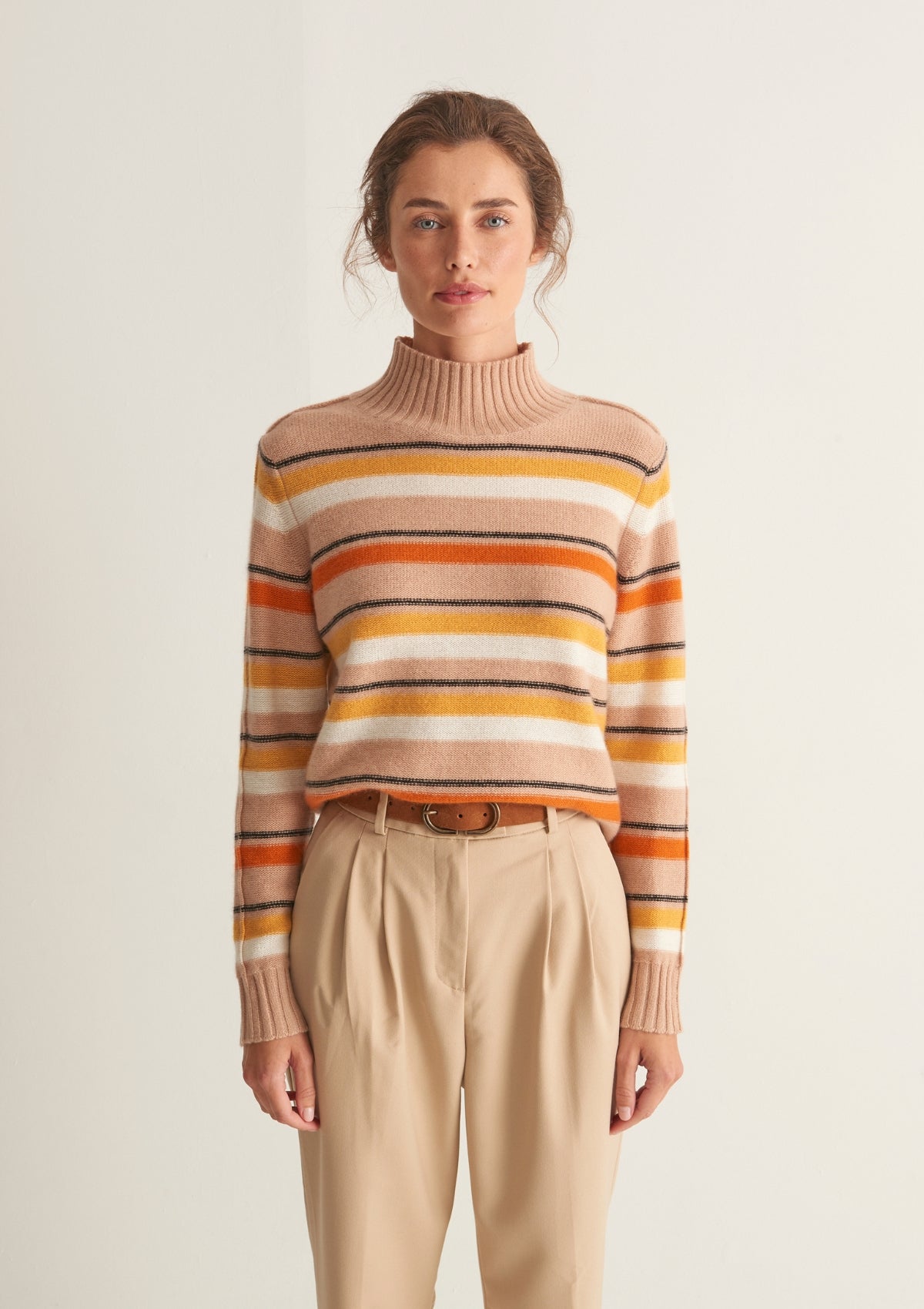 Cropped Polo Neck Sweater in Neutral Stripe