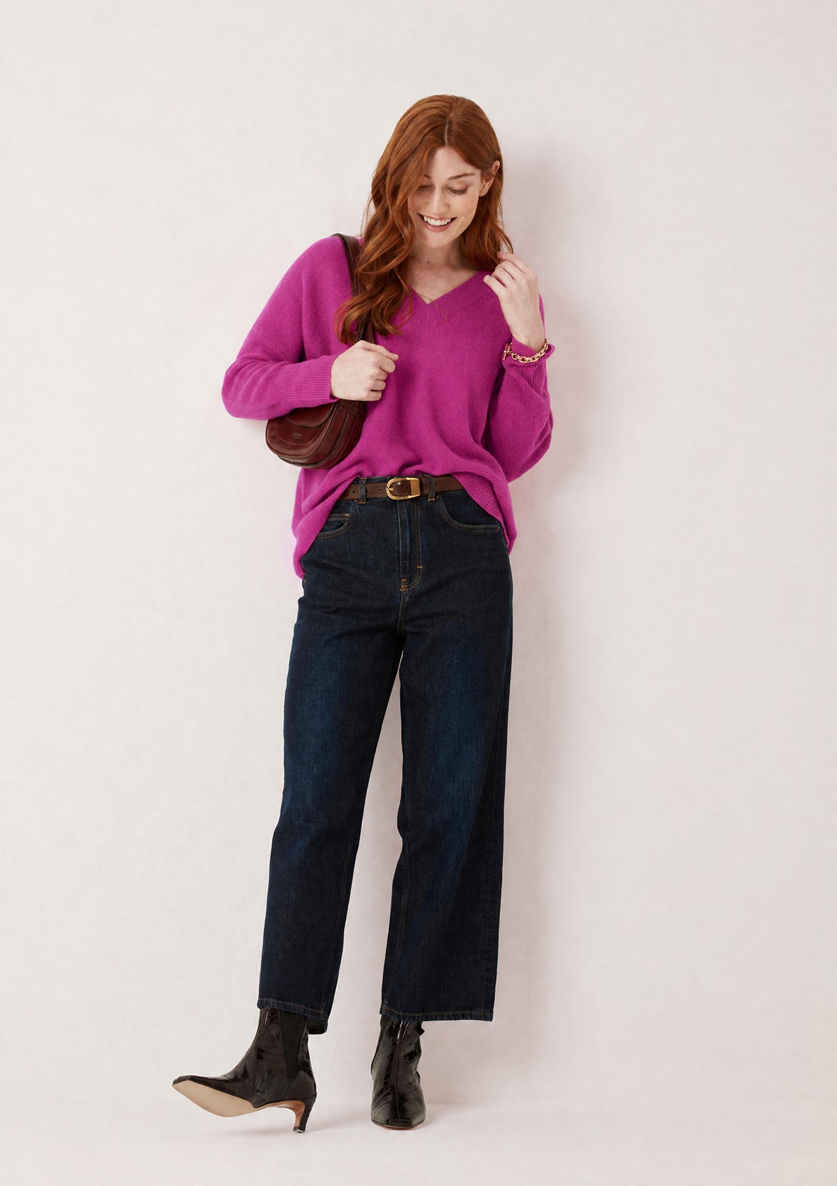 Relaxed Lofty V Neck Sweater in Morello Pink