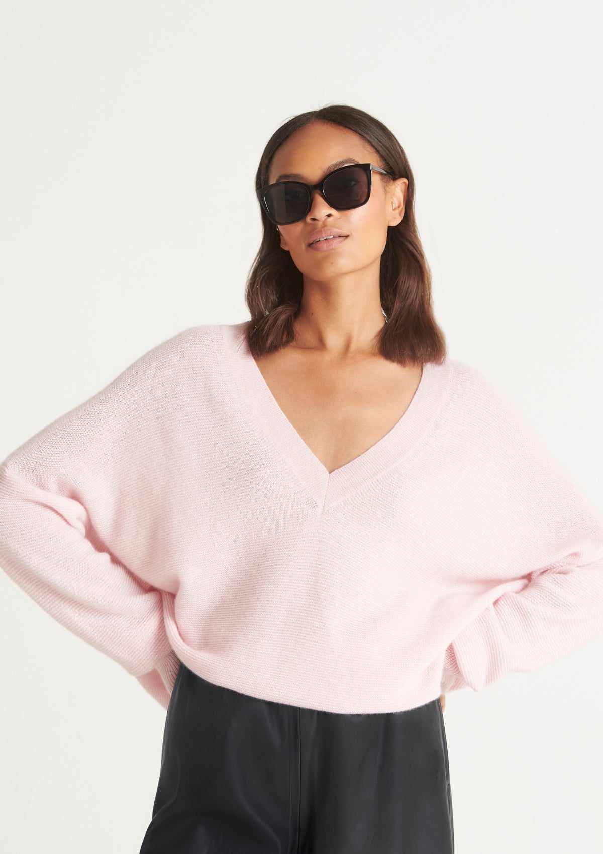 Relaxed V Neck Sweater in Pixie Pink