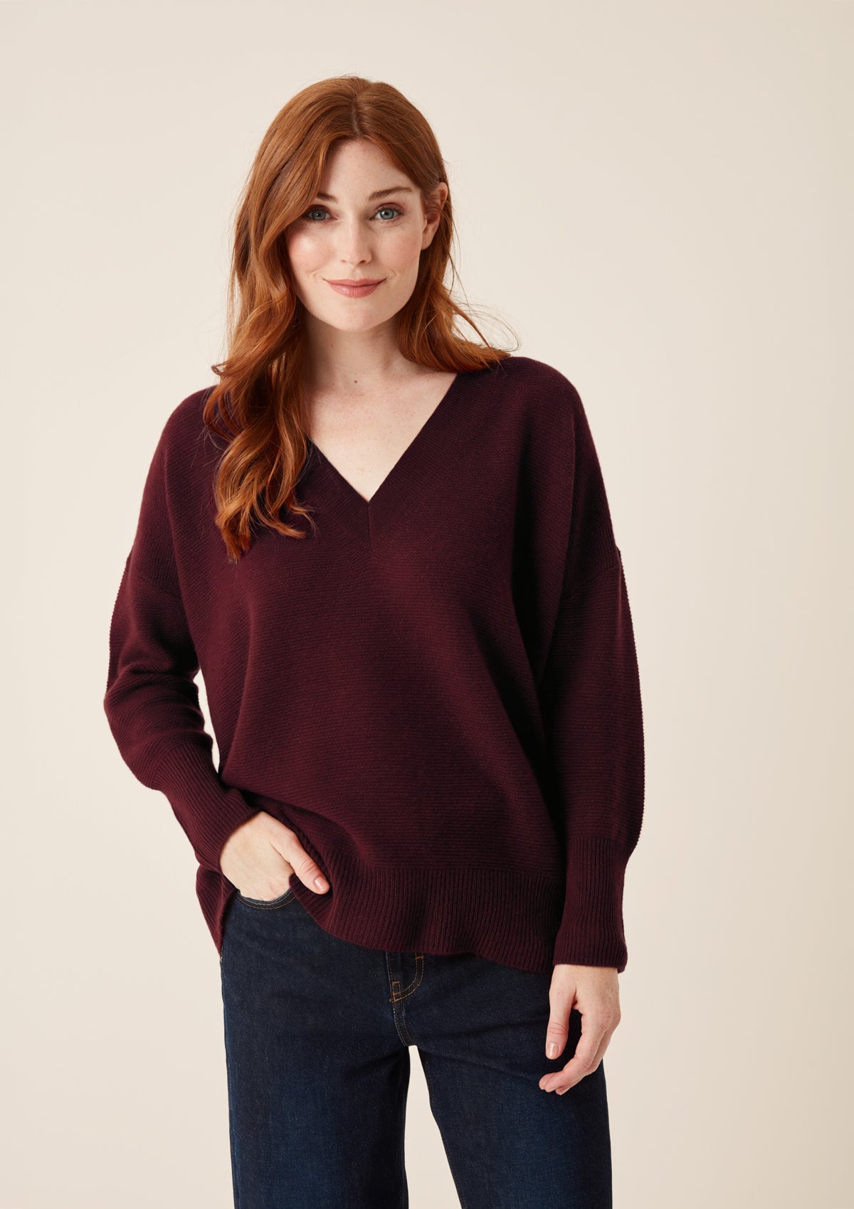 Relaxed Lofty V Neck Sweater in Bordeaux Burgundy