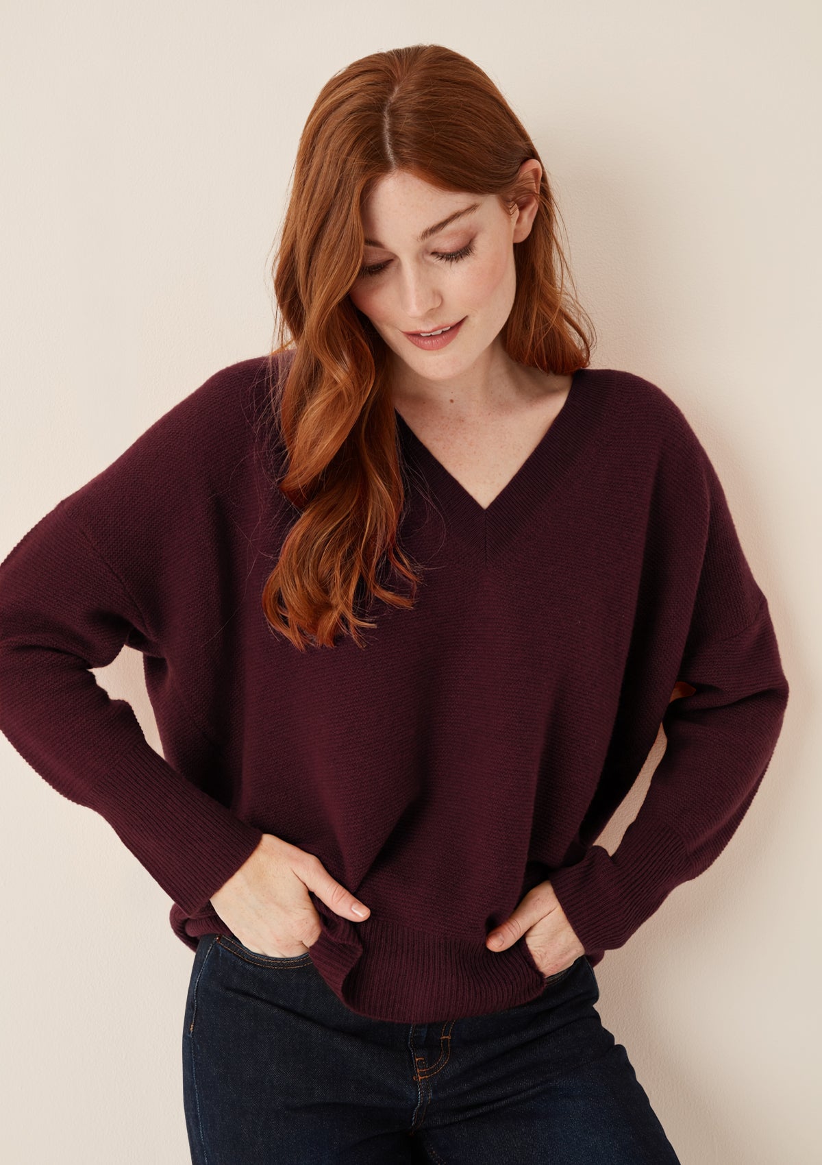 Relaxed Lofty V Neck Sweater in Bordeaux Burgundy