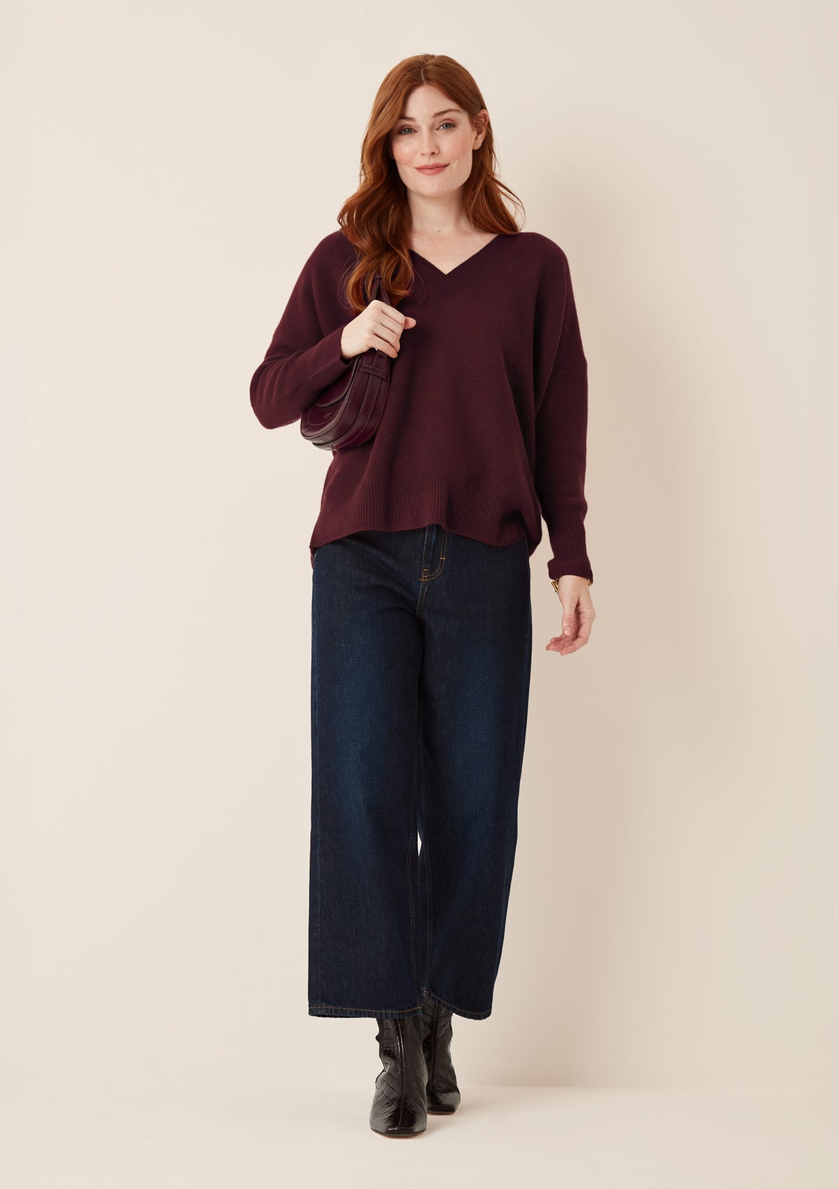 Relaxed Lofty V Neck Sweater in Bordeaux Burgundy