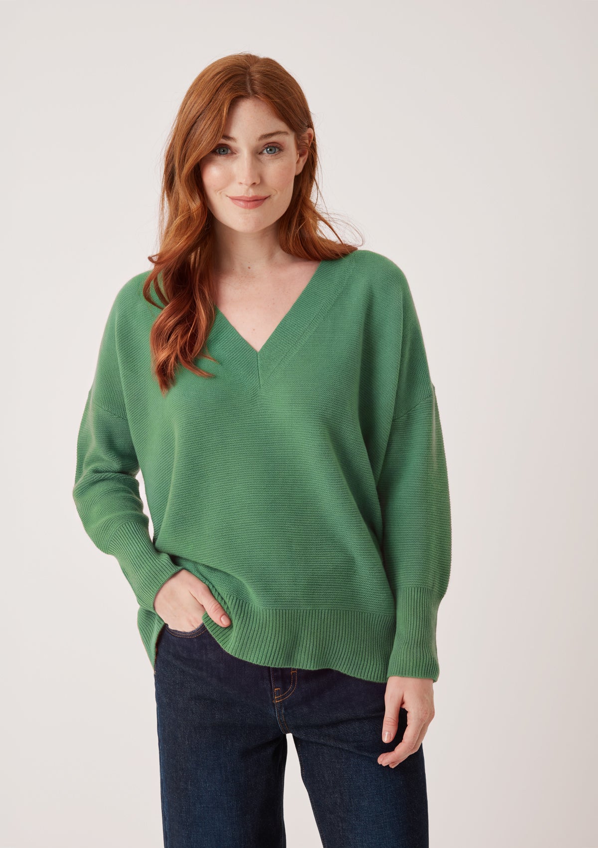 Relaxed Lofty V Neck Sweater in Chai Green