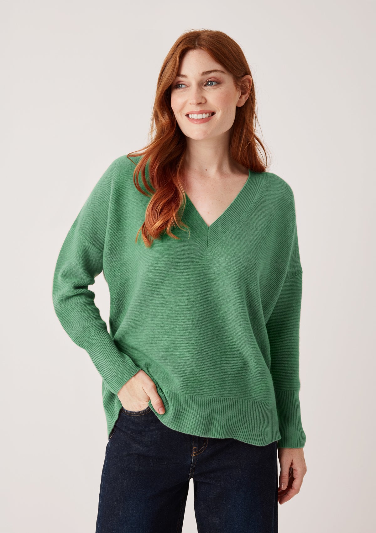 Relaxed Lofty V Neck Sweater in Chai Green