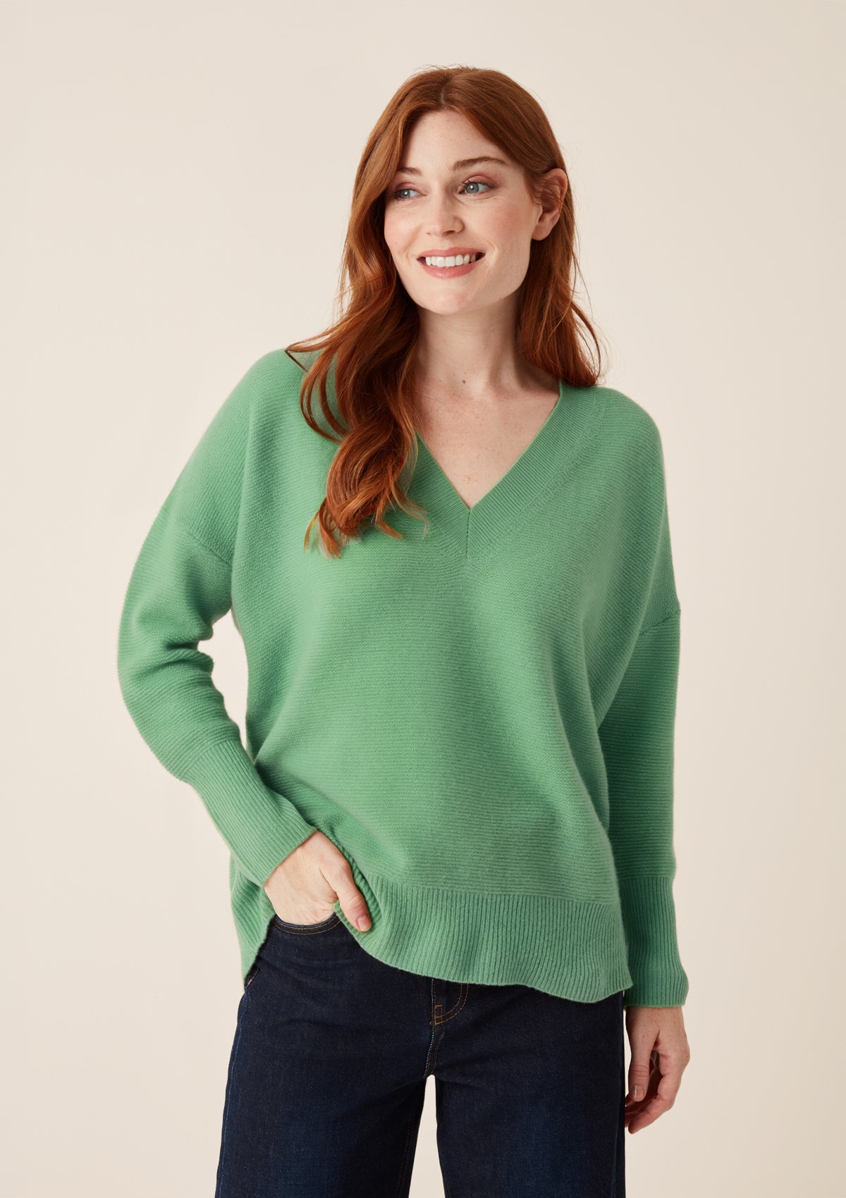 Relaxed Lofty V Neck Sweater in Chai Green