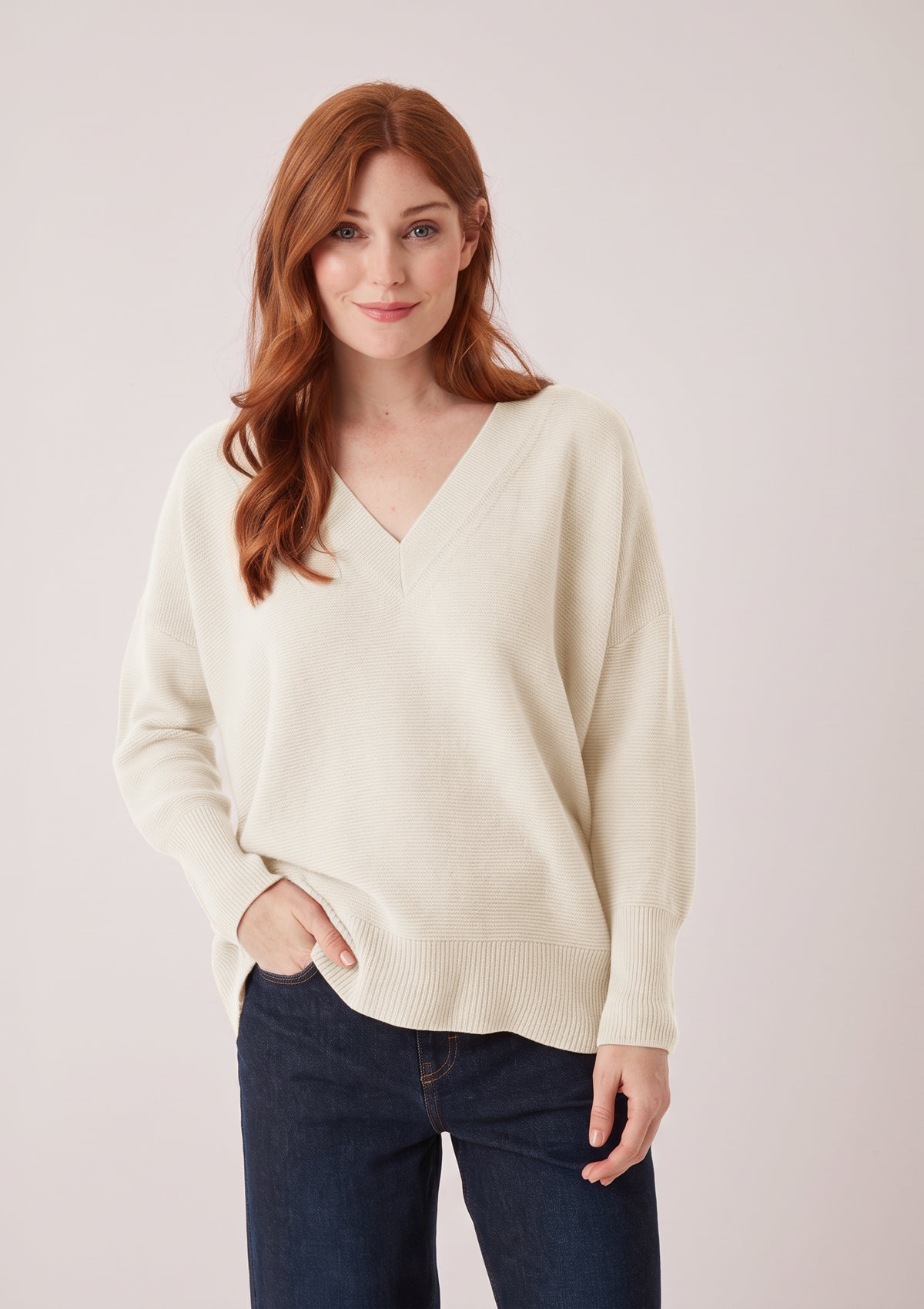 Relaxed Lofty V-Neck Sweater in Chalk White