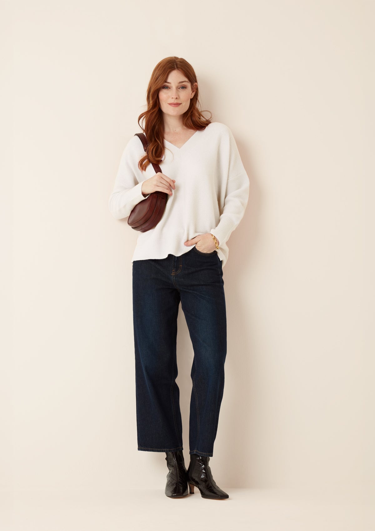 Relaxed Lofty V-Neck Sweater in Chalk White