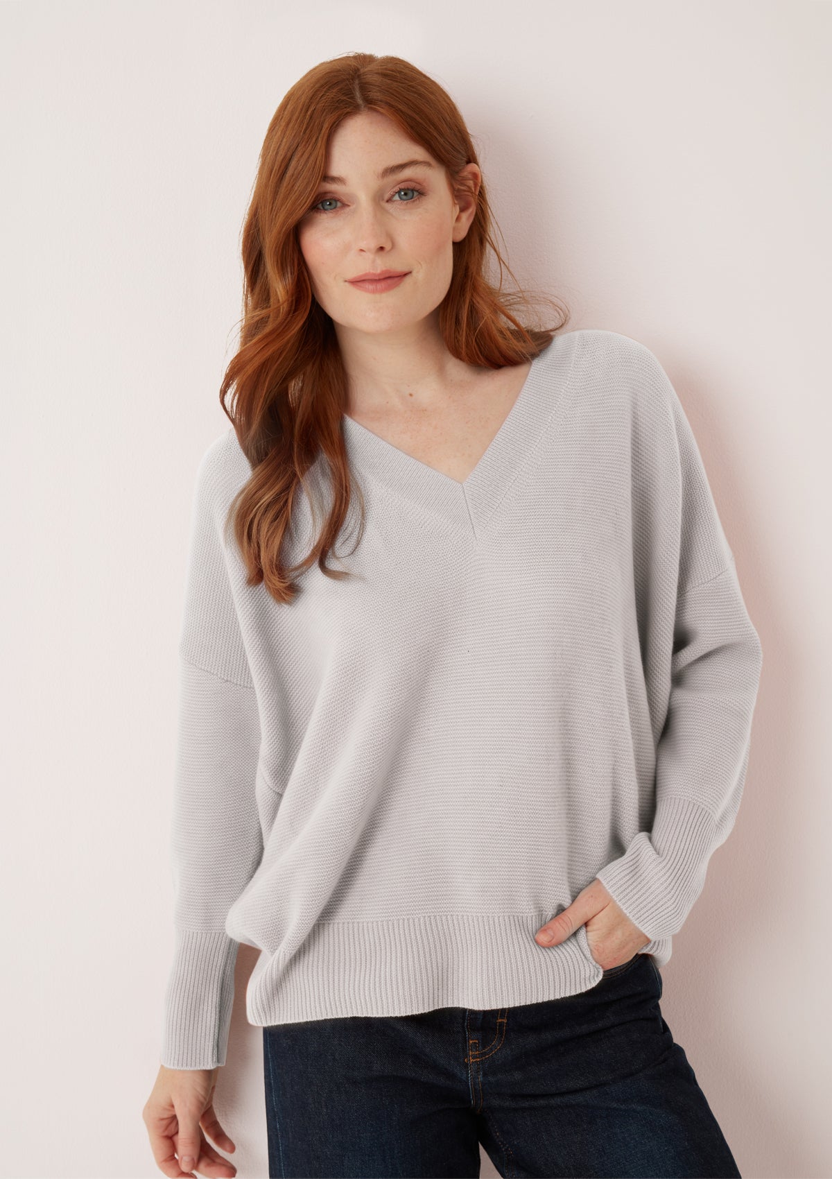 Relaxed Lofty V Neck Sweater in Foggy Grey