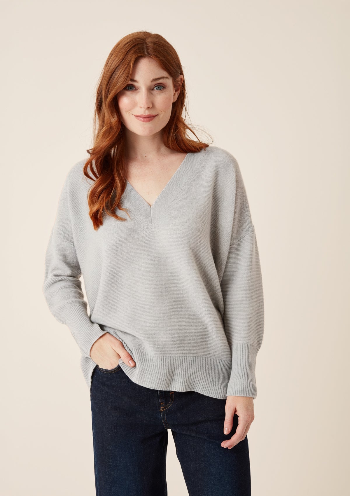 Relaxed Lofty V Neck Sweater in Foggy Grey