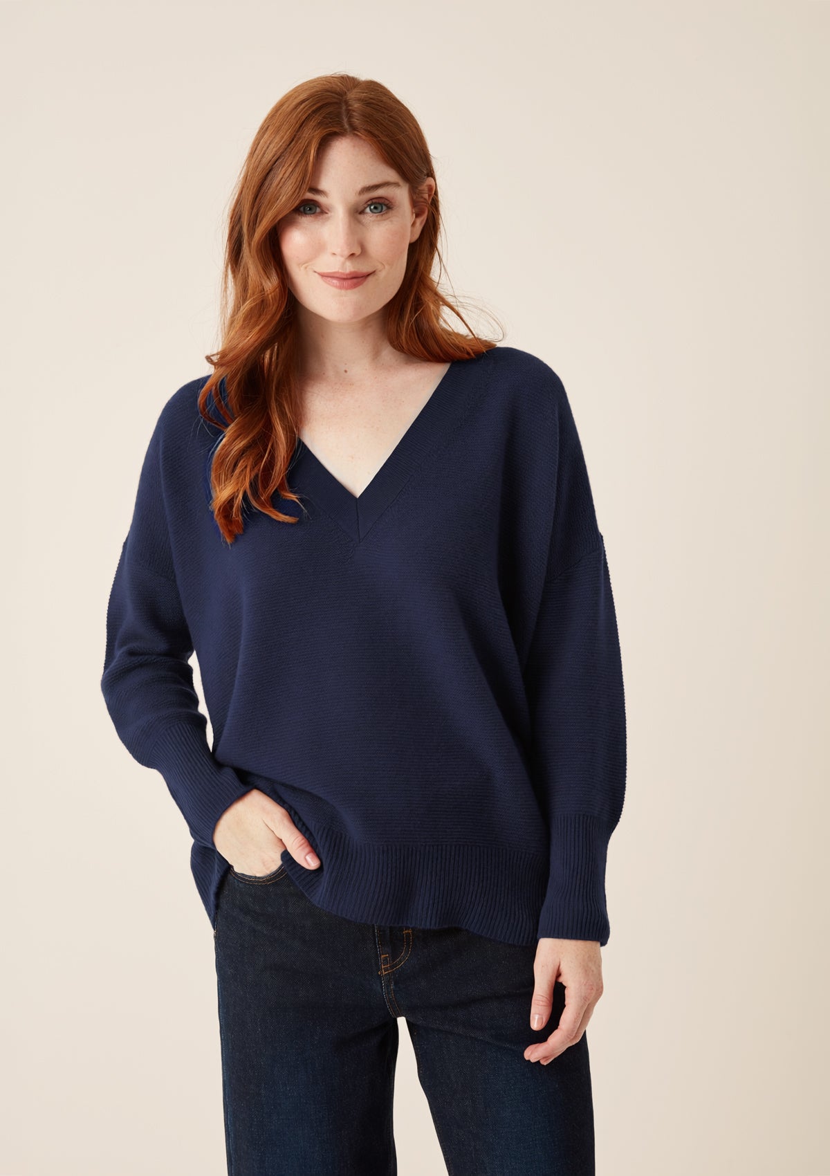 Relaxed Lofty V Neck Sweater in Midnight Blue
