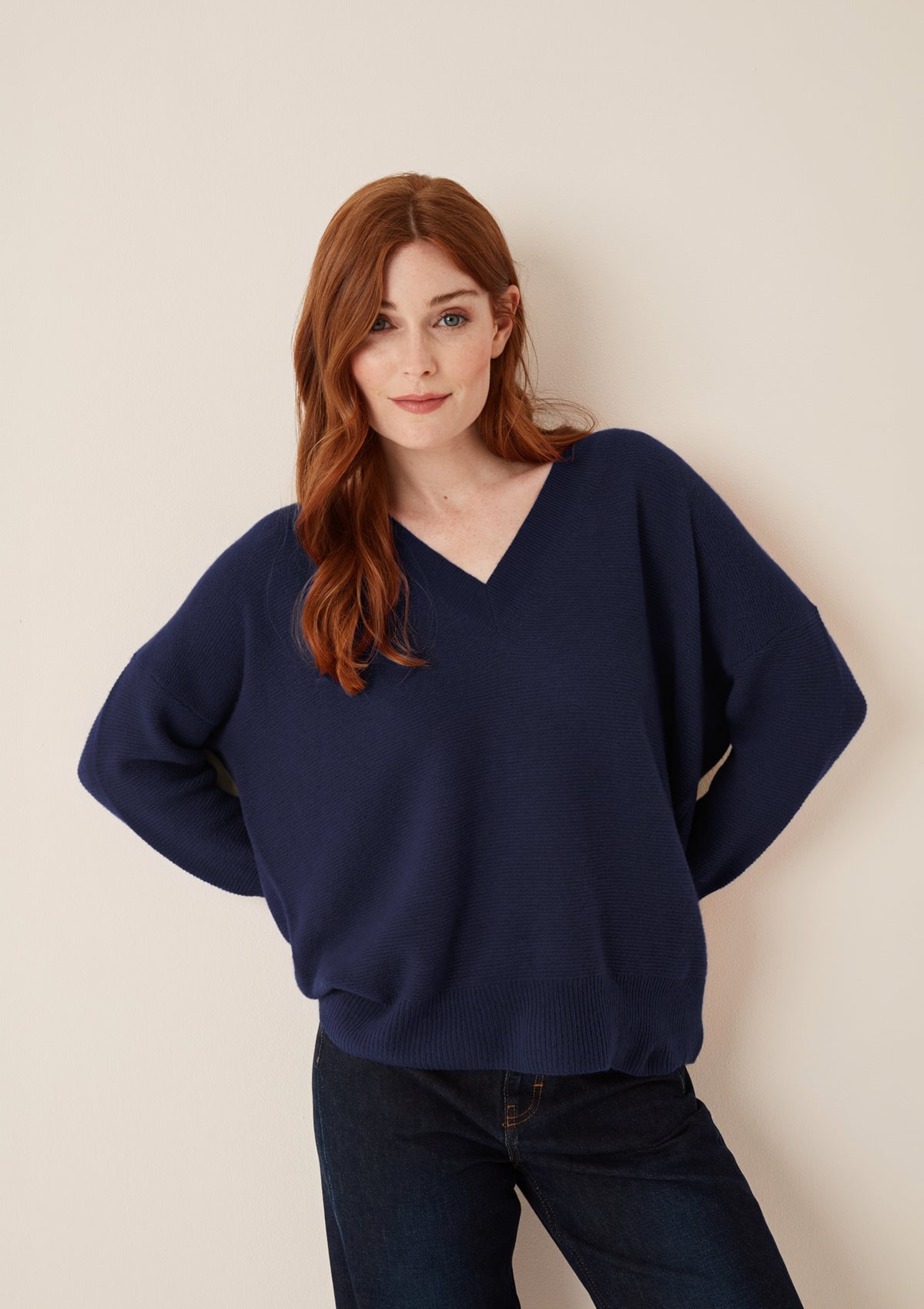 Relaxed Lofty V Neck Sweater in Midnight Blue