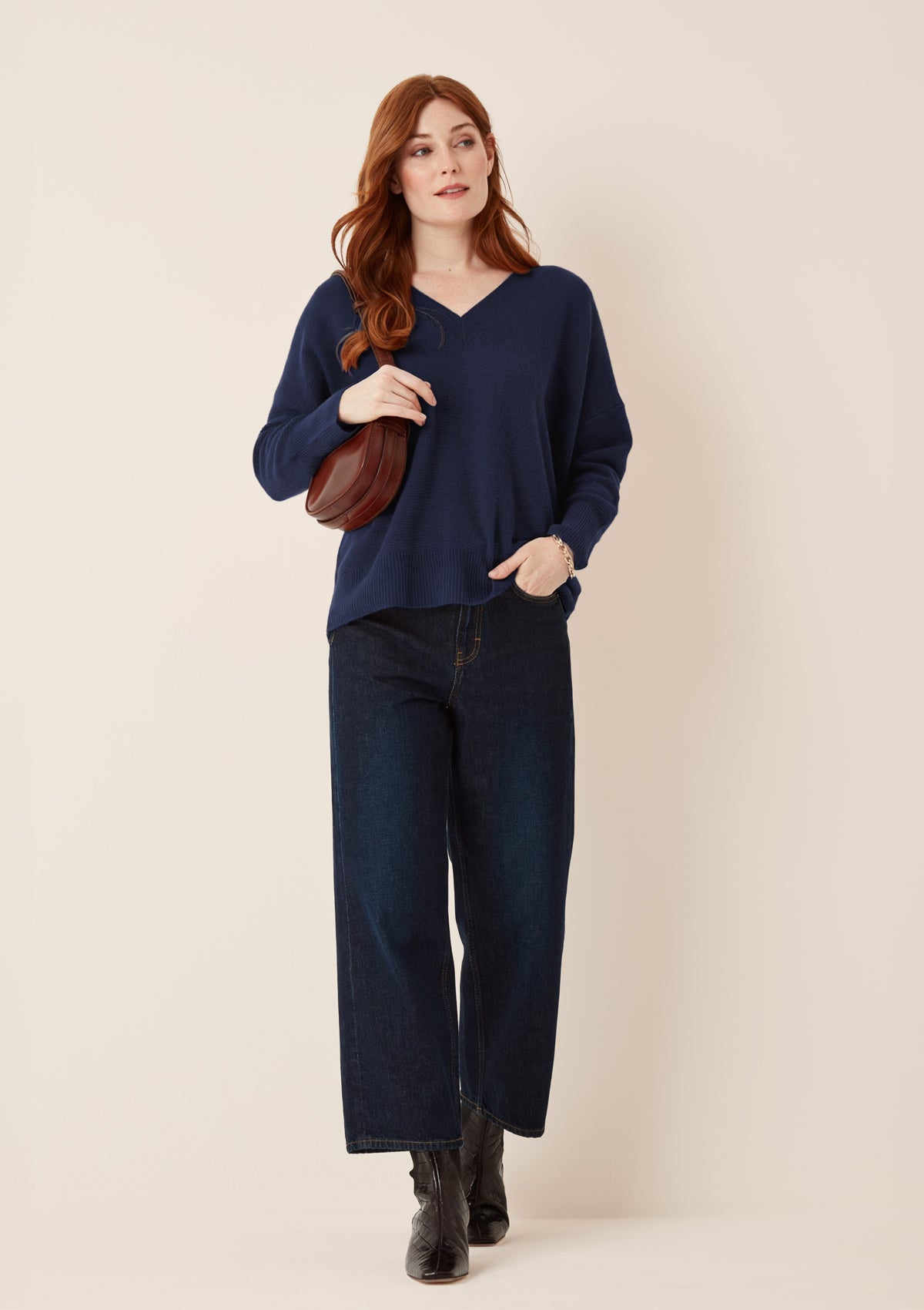 Relaxed Lofty V Neck Sweater in Midnight Blue