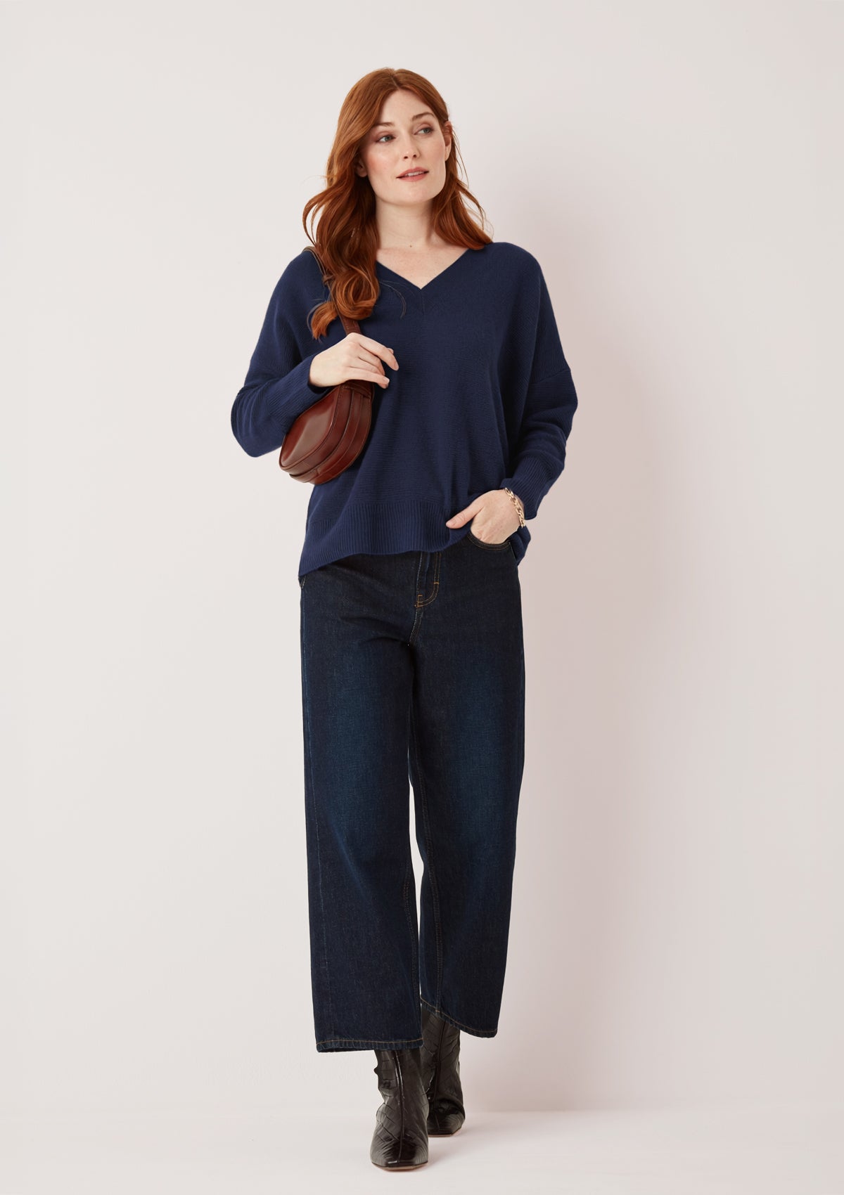 Relaxed Lofty V Neck Sweater in Midnight Blue