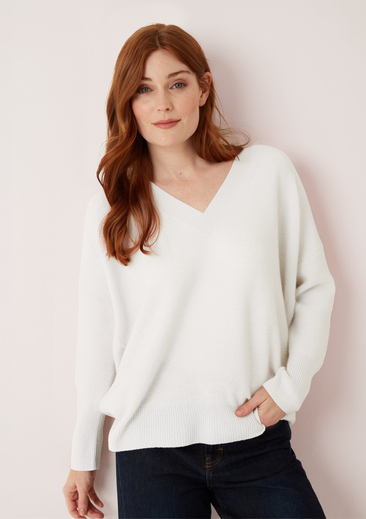 Relaxed Lofty V Neck Sweater in Snow White