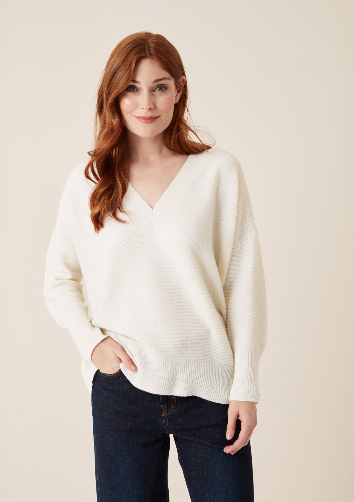 Relaxed Lofty V Neck Sweater in Snow White