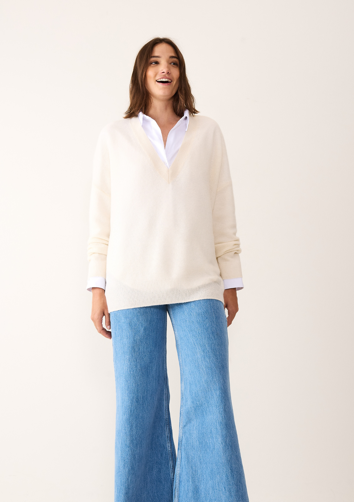 Relaxed Lofty V Neck Sweater in Chalk White