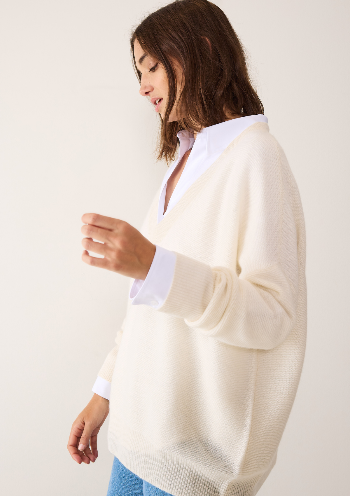 Relaxed Lofty V Neck Sweater in Chalk White