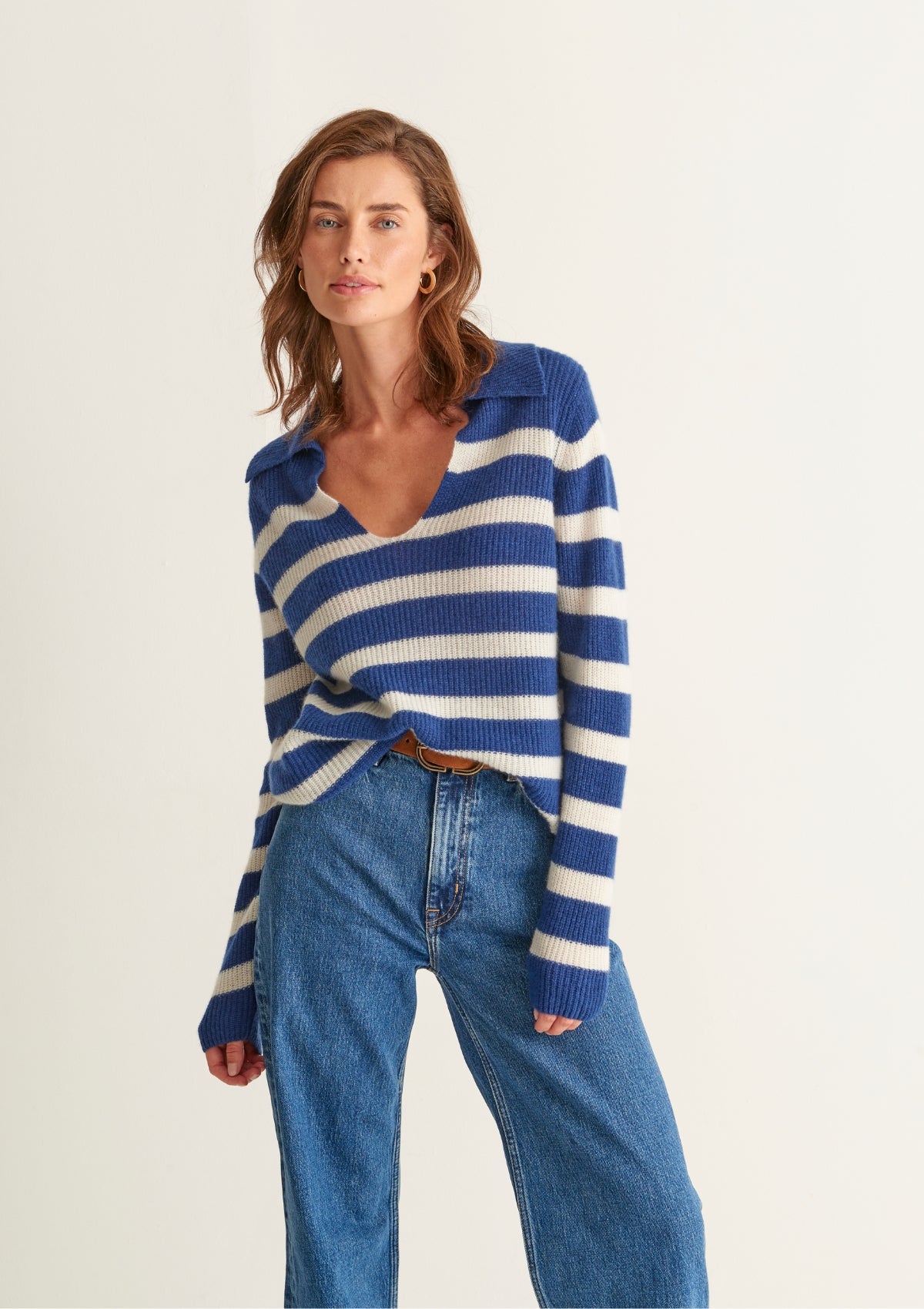 Cashmere Open Collar Sweater in Midnight Blue/Feather Stripe