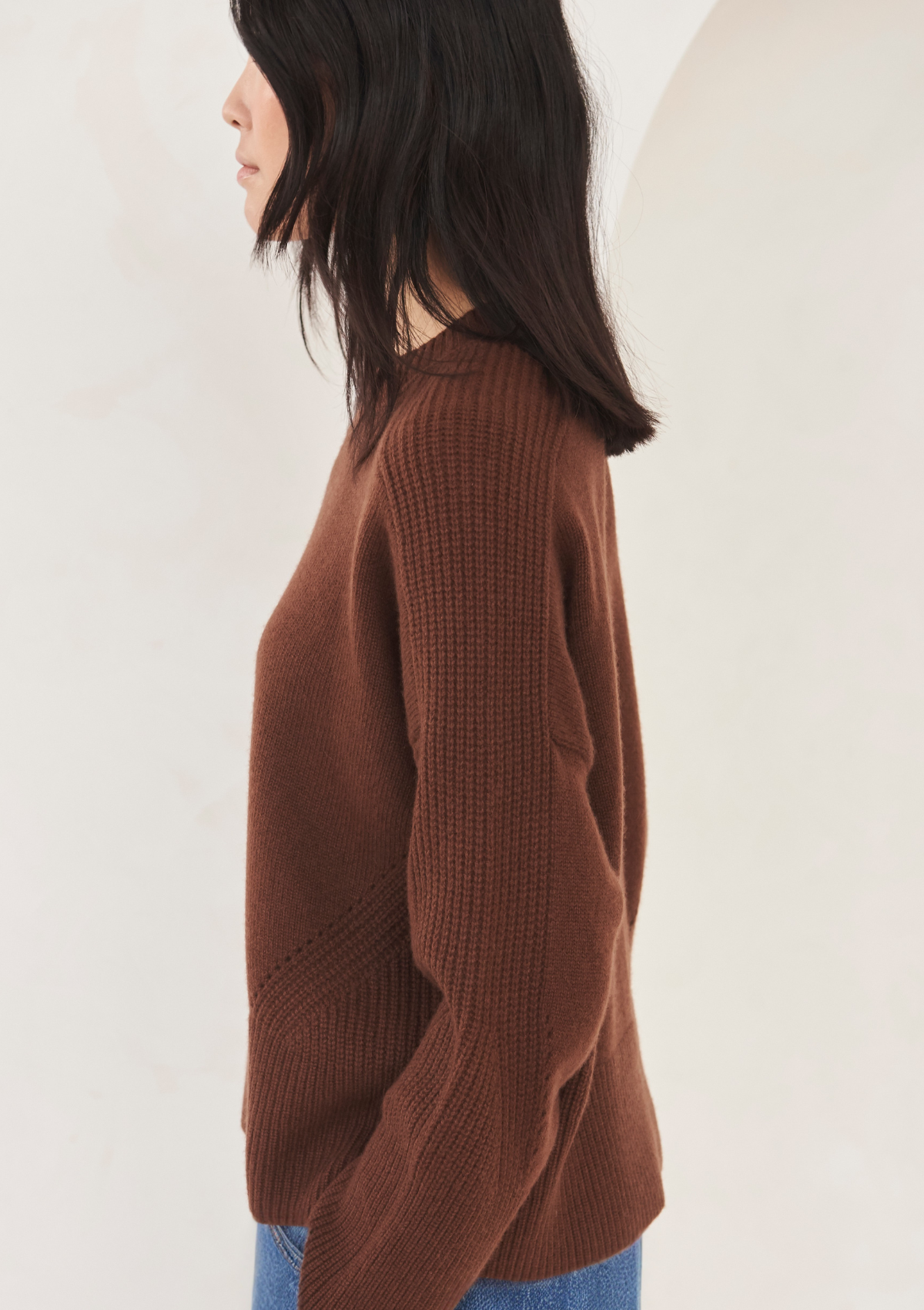 Ribbed Detail Lofty Crew Sweatshirt in Bronzed Brown