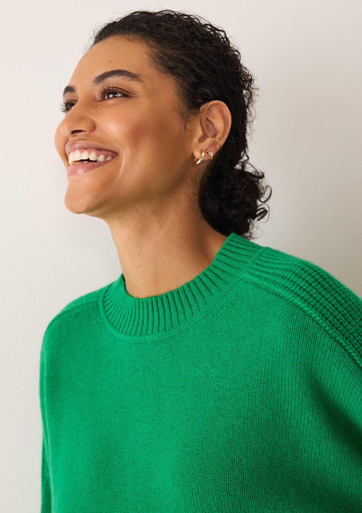 Ribbed Detail Lofty Crew Sweatshirt in Billiard Green