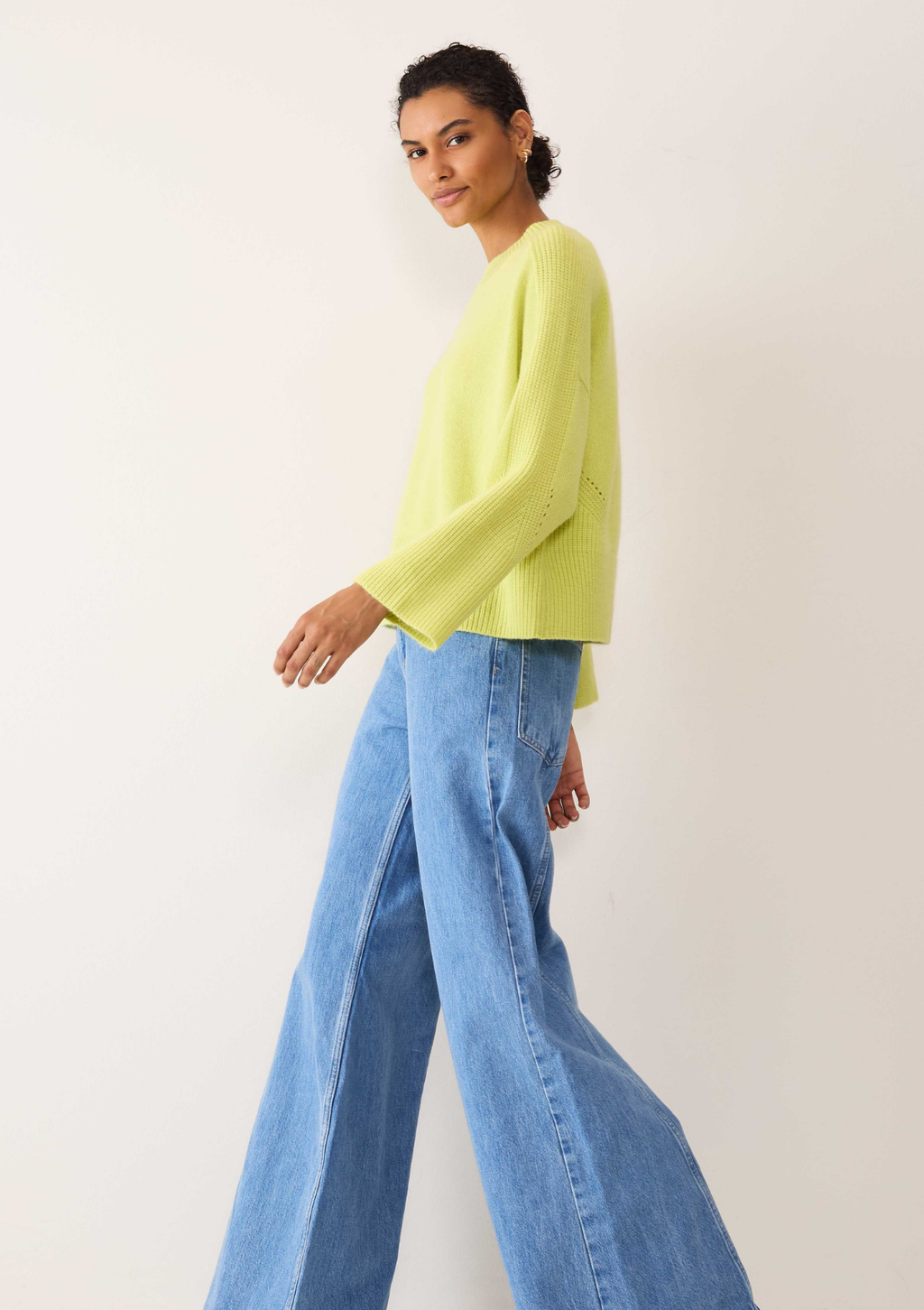 Ribbed Detail Lofty Crew Sweatshirt in Lime Green