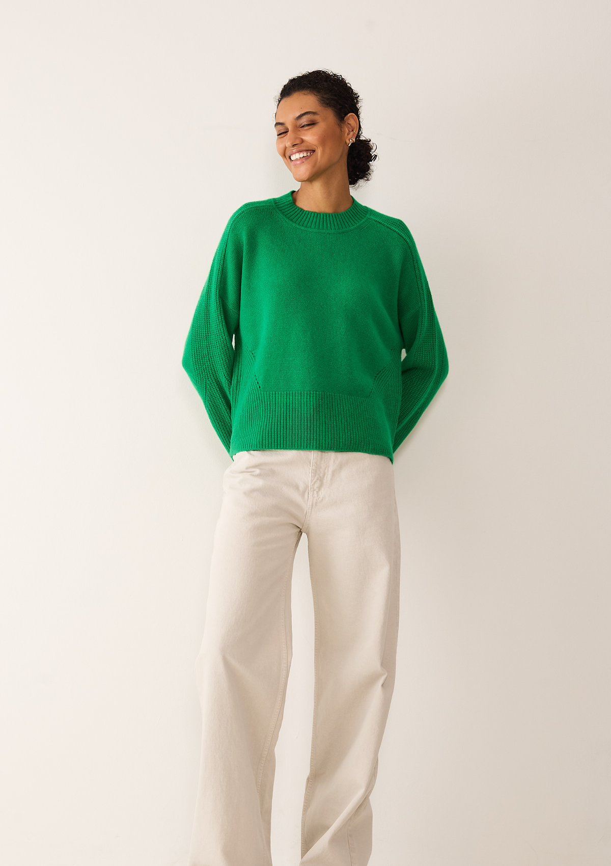 Ribbed Detail Lofty Crew Sweatshirt in Billiard Green