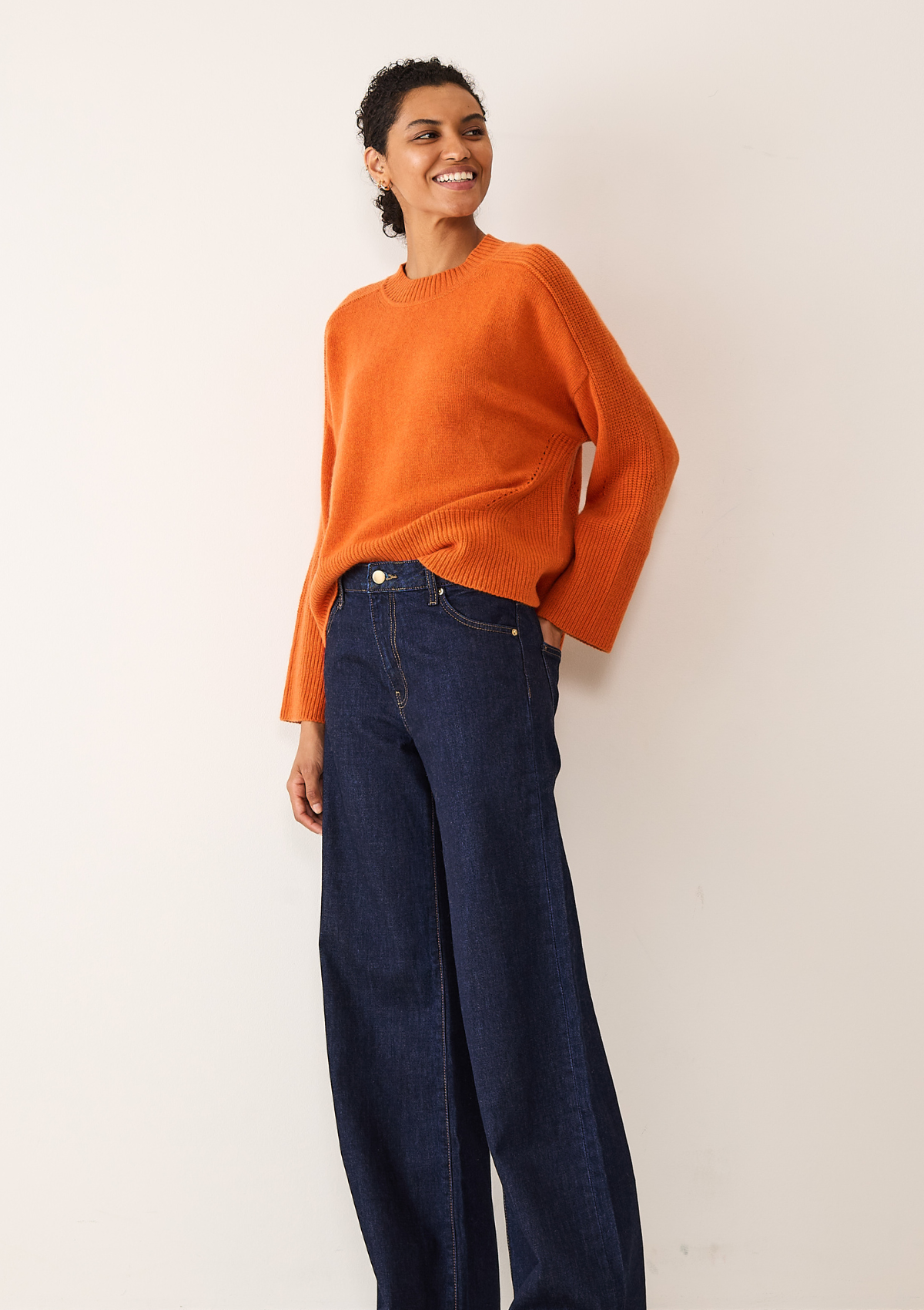 Ribbed Detail Lofty Crew Sweatshirt in Tiger Orange