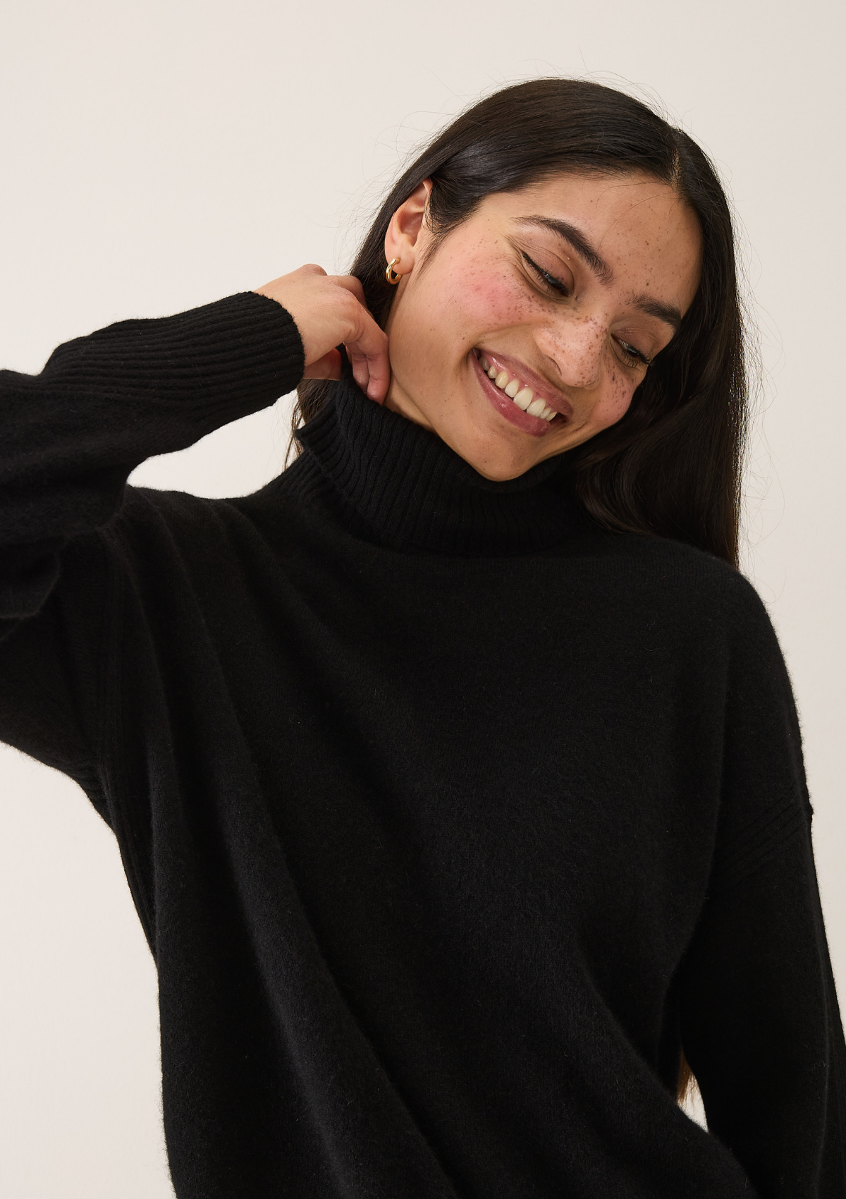 Chevron Detail Relaxed Polo Neck Sweater in Jet Black