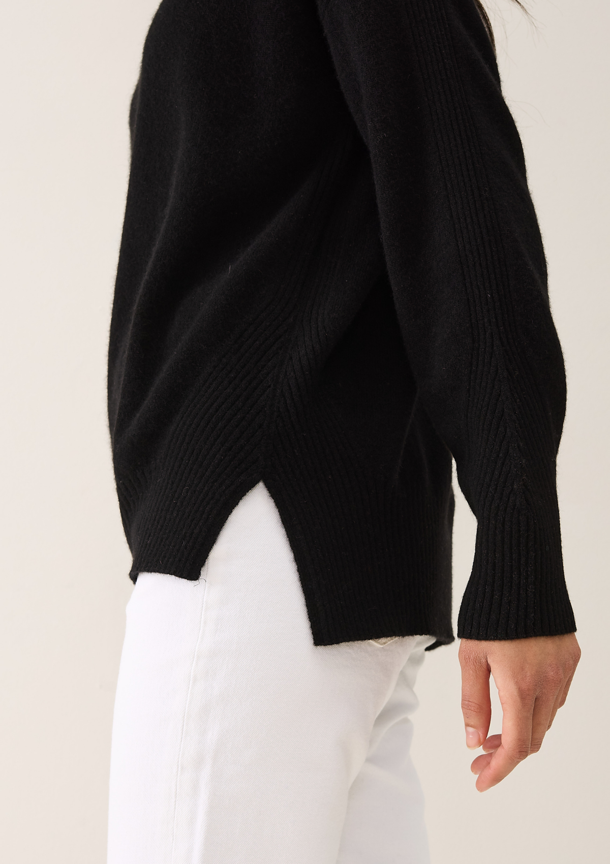 Chevron Detail Relaxed Polo Neck Sweater in Jet Black