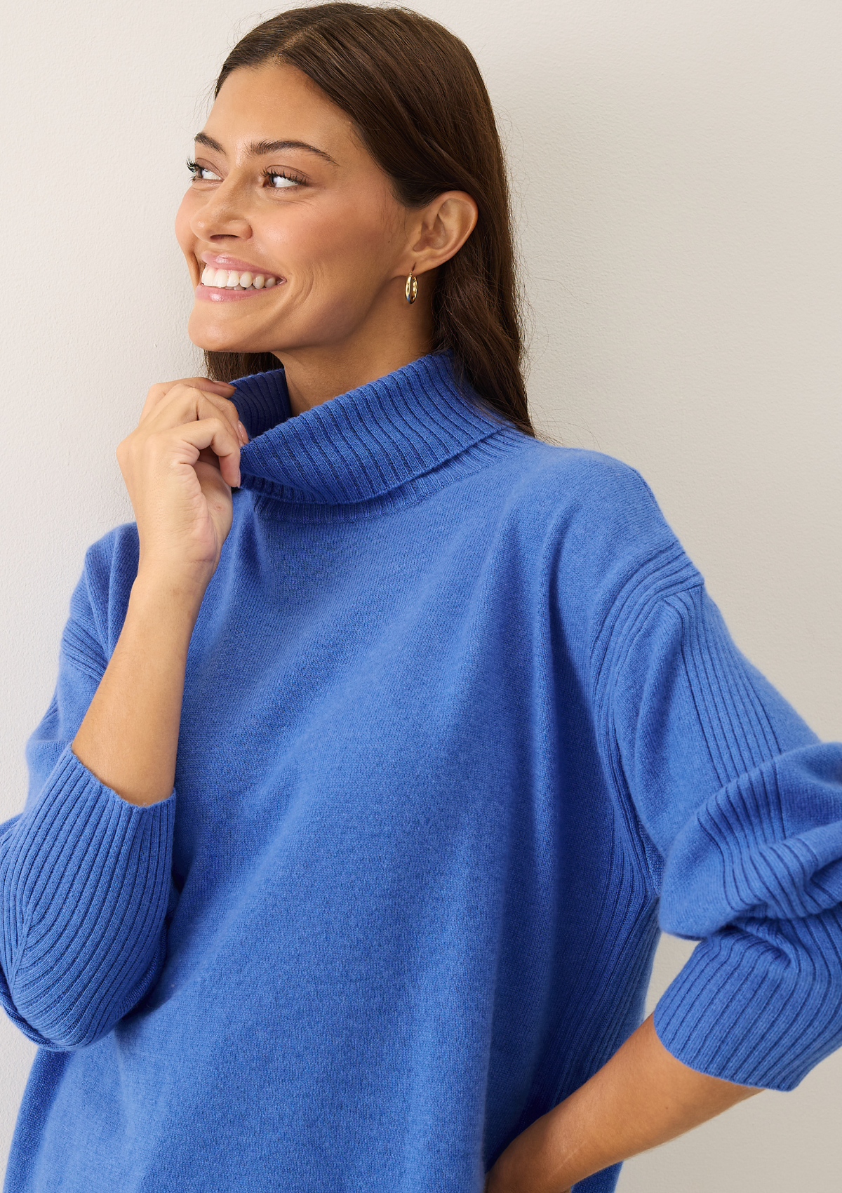 Chevron Detail Relaxed Polo Neck Sweater in Lake Blue