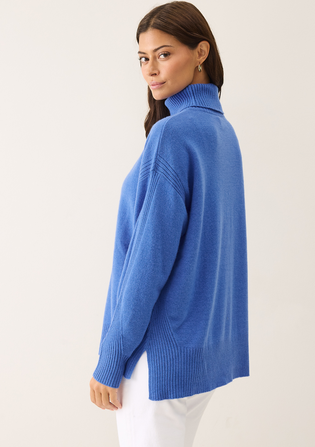 Chevron Detail Relaxed Polo Neck Sweater in Lake Blue