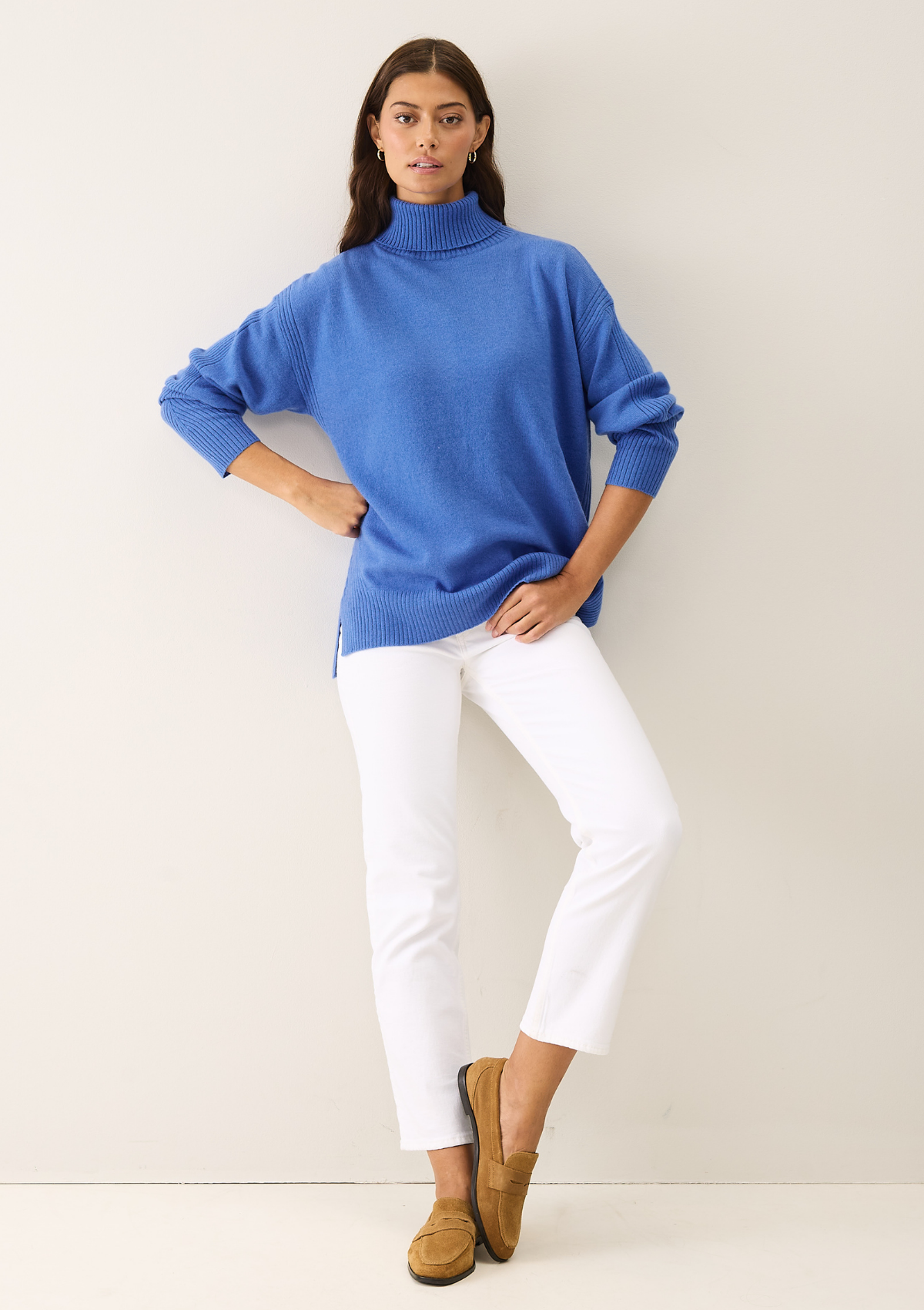 Chevron Detail Relaxed Polo Neck Sweater in Lake Blue