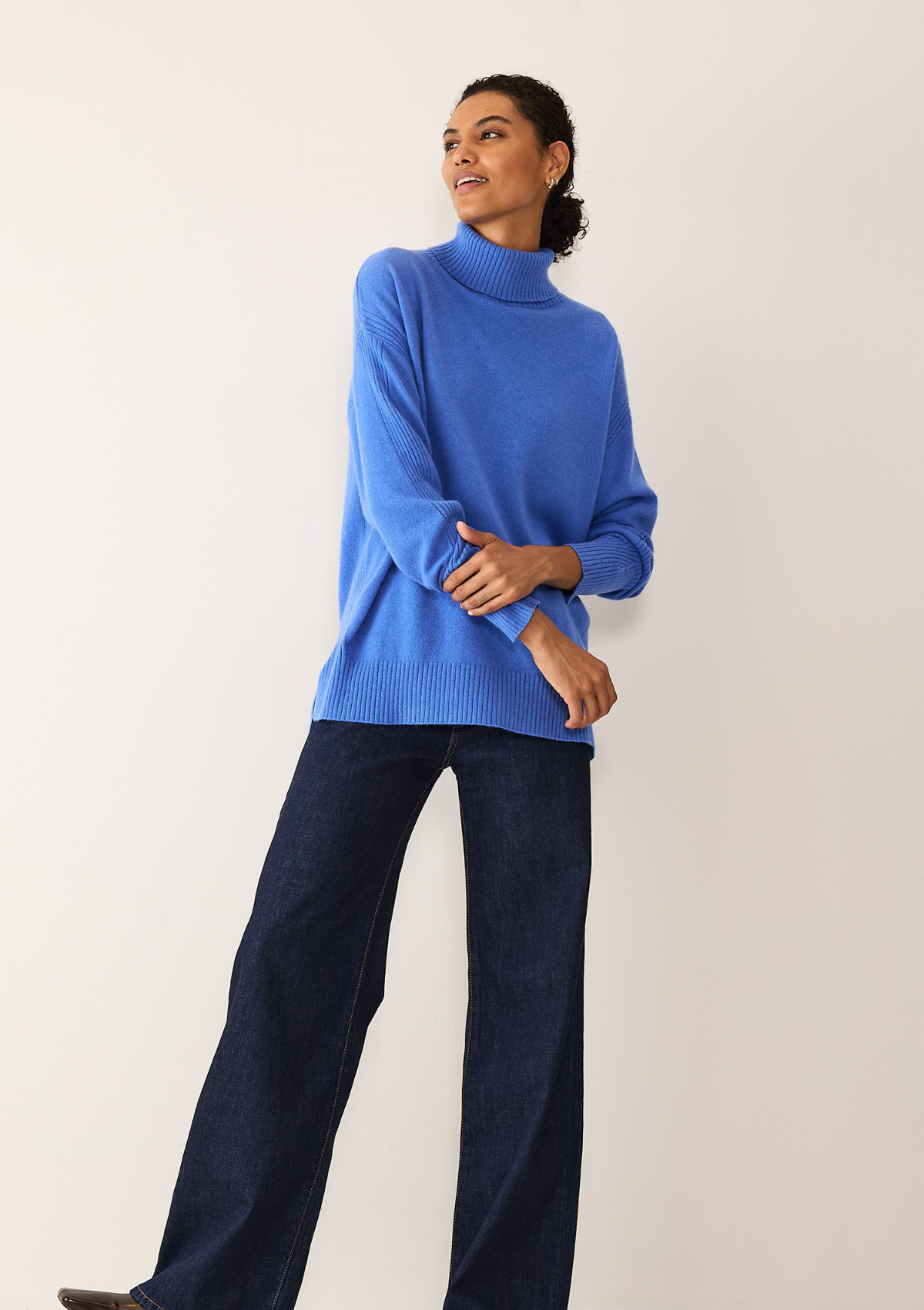 Chevron Detail Relaxed Polo Sweater in Lake Blue