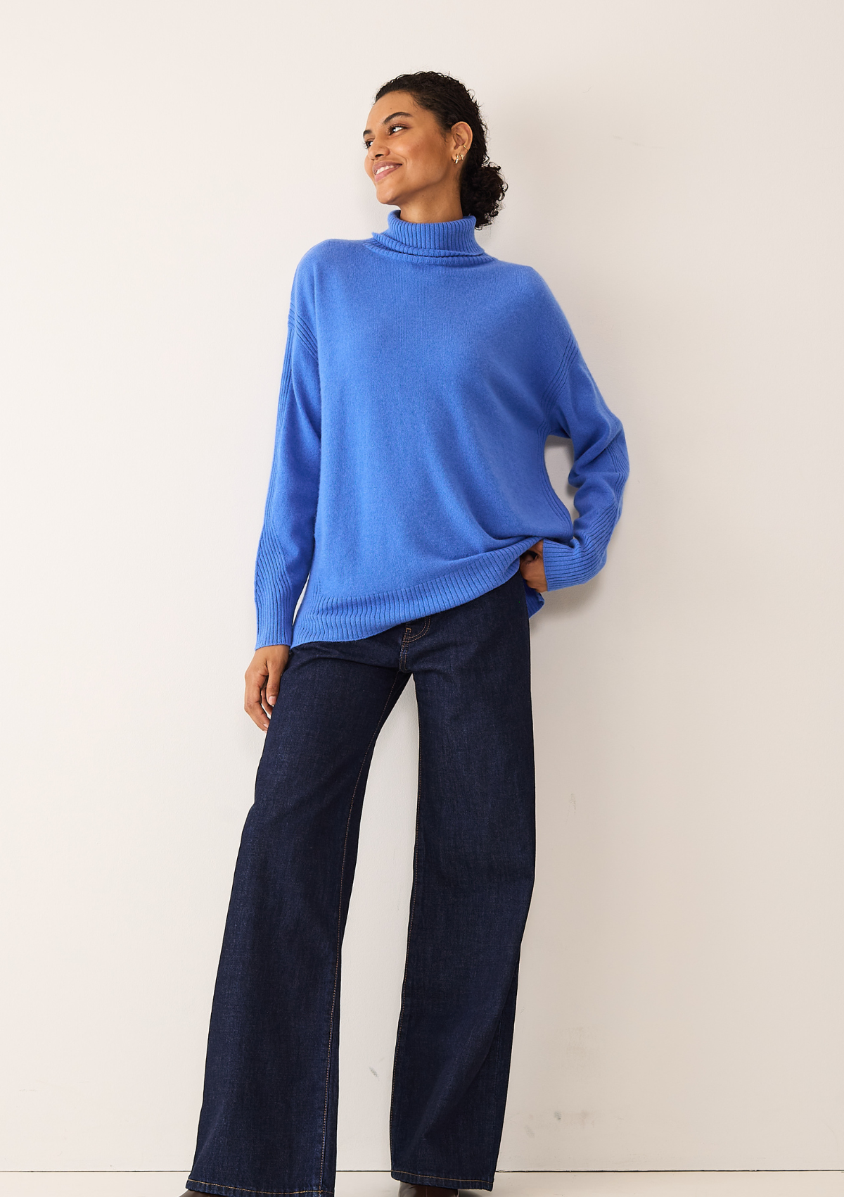 Chevron Detail Relaxed Polo Sweater in Lake Blue