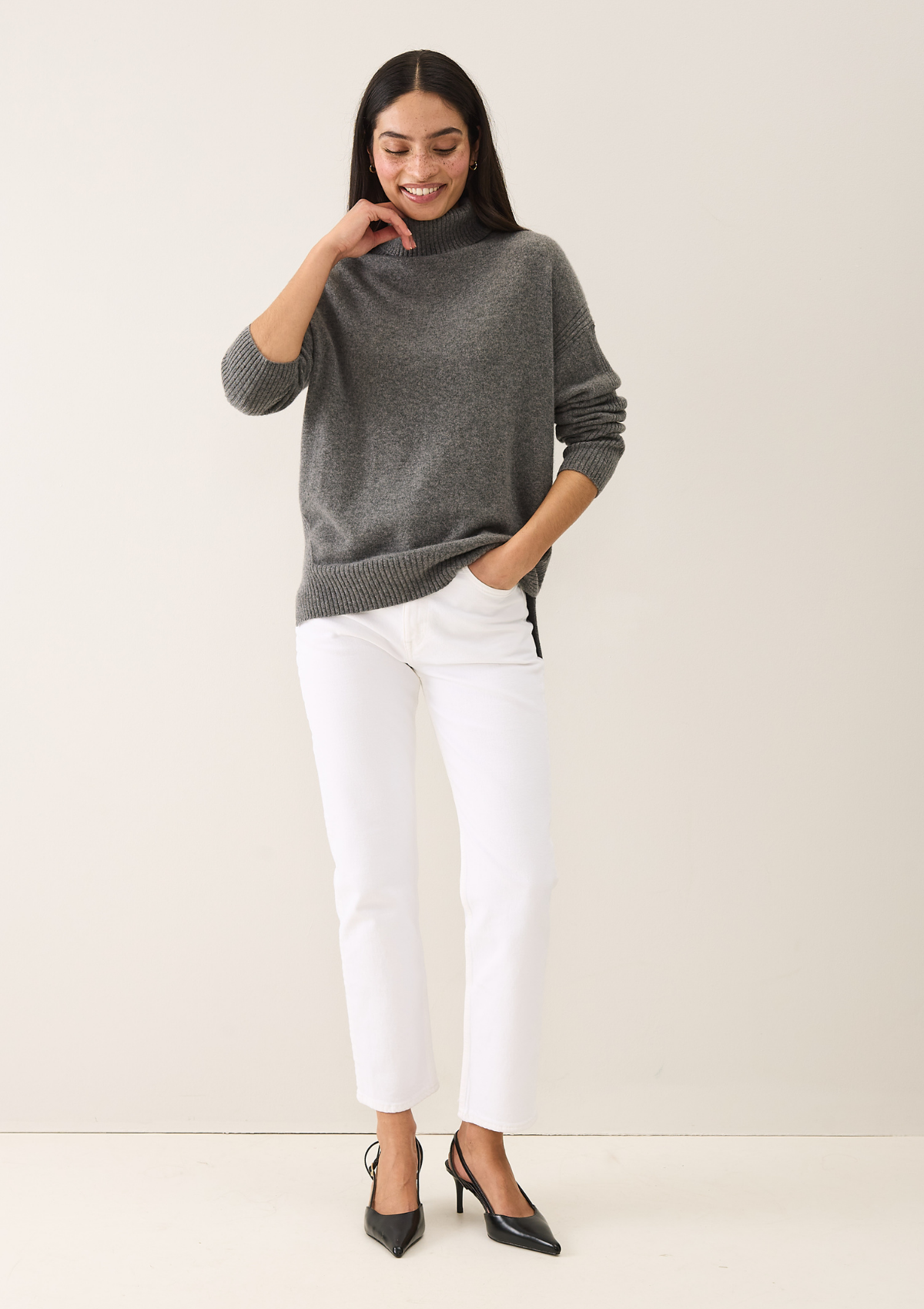 Chevron Detail Relaxed Polo Neck Sweater in Thunder Grey