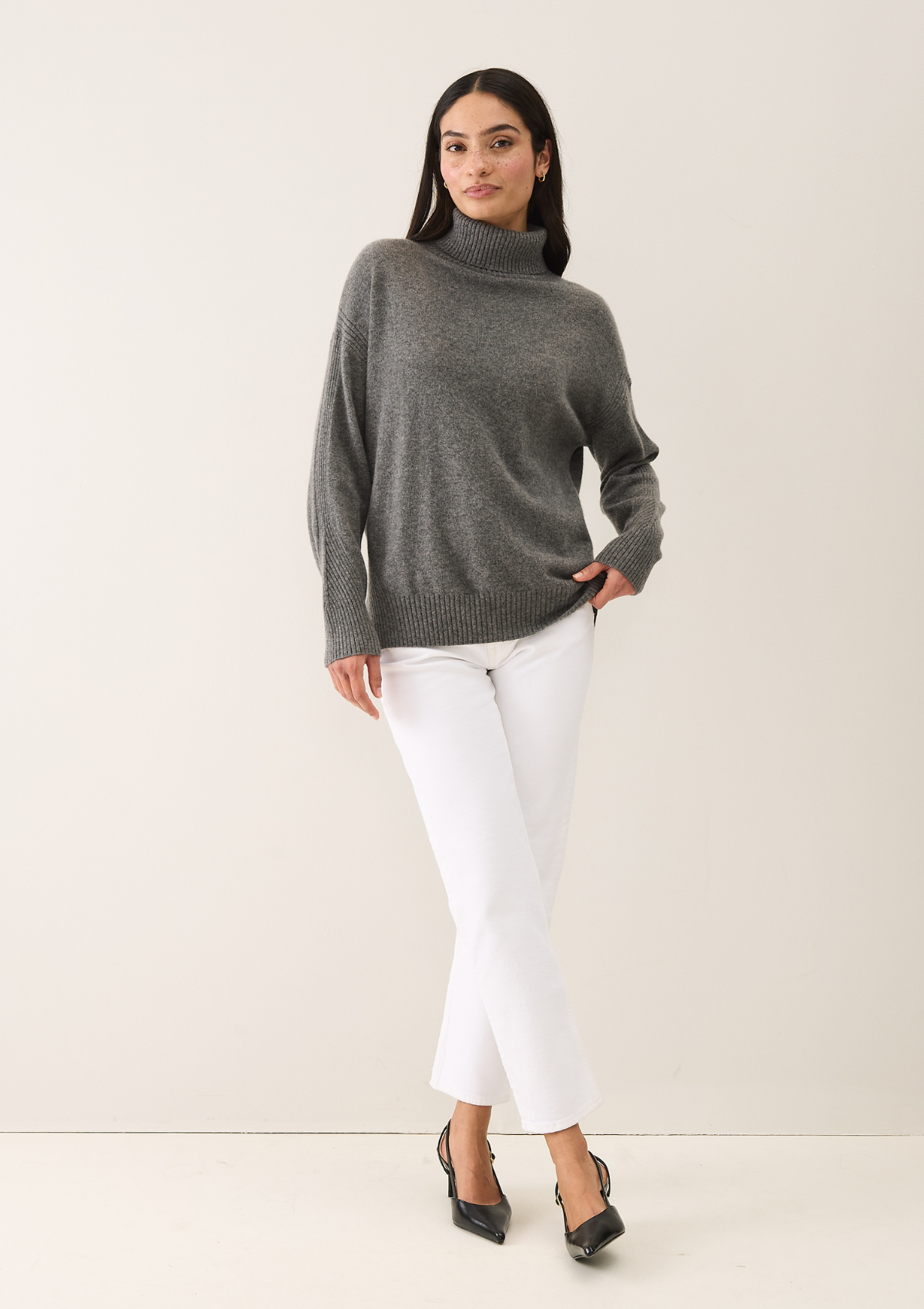 Chevron Detail Relaxed Polo Neck Sweater in Thunder Grey