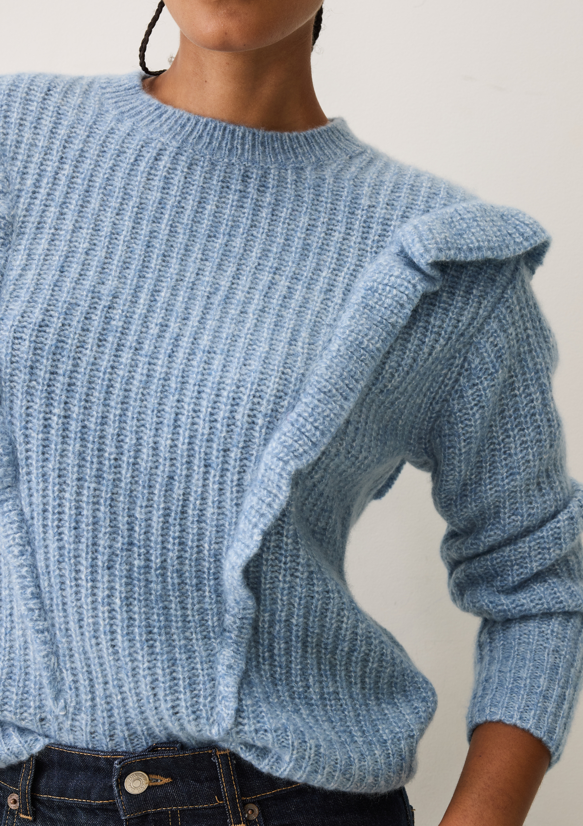 Silk & Cashmere Frilled Sweater in Frosty Blue